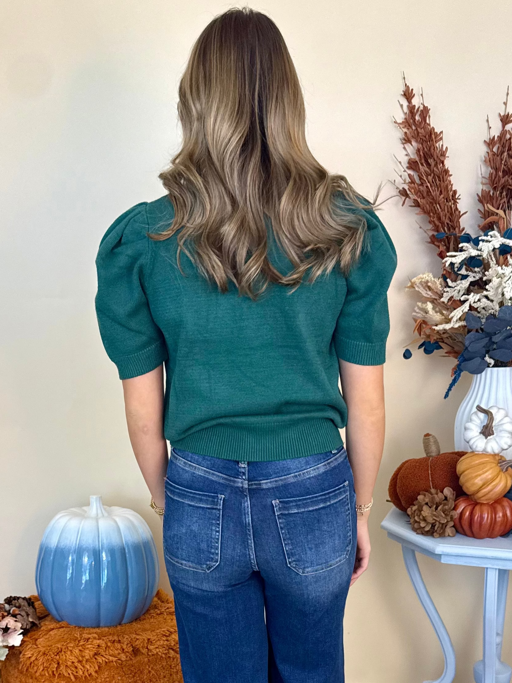 More Than One Sea Green Short Sleeve Ruffled Neck Sweater-Shop-Womens-Boutique-Clothing