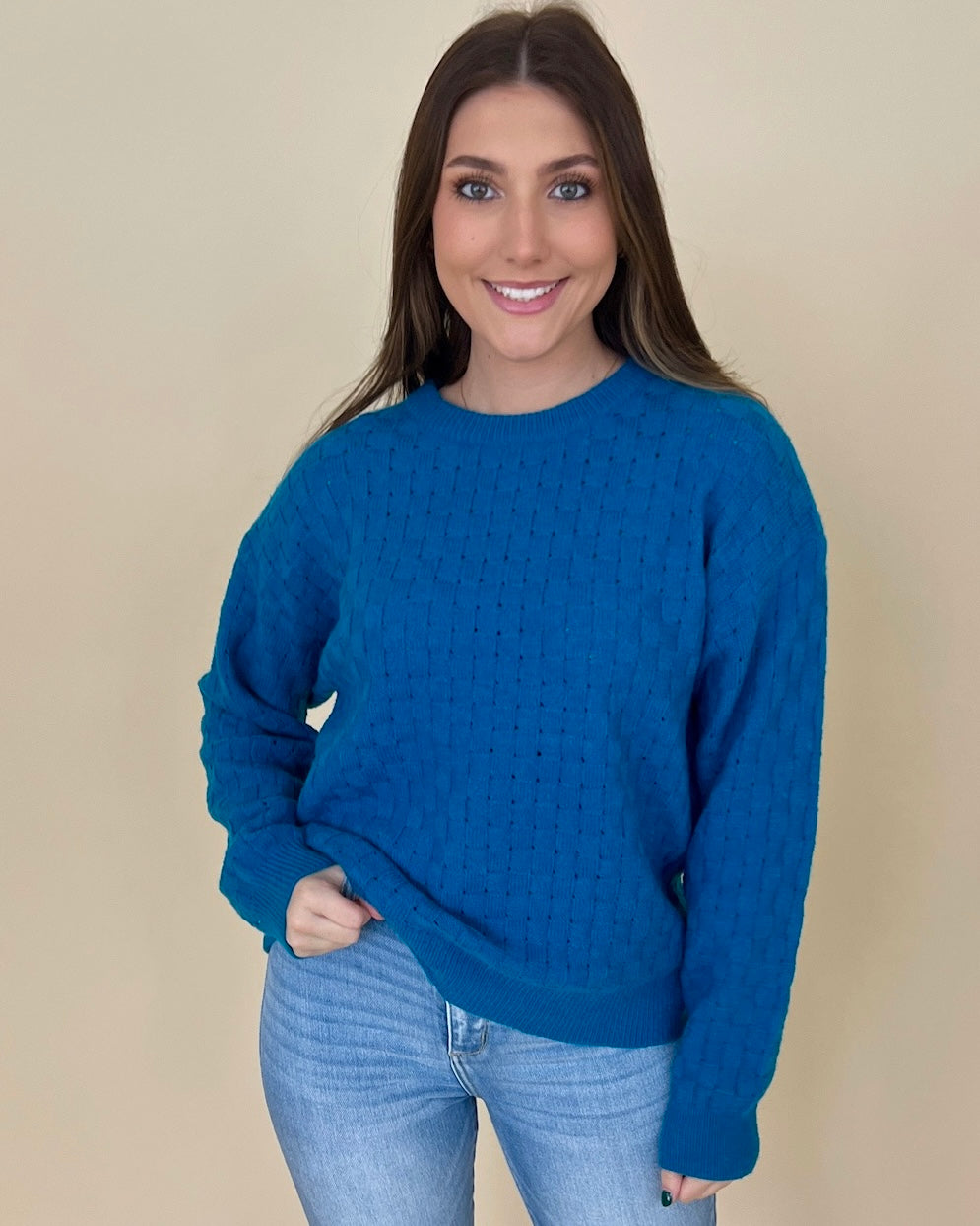 Stay Cozy Turquoise Checkered Knit Sweater-Shop-Womens-Boutique-Clothing