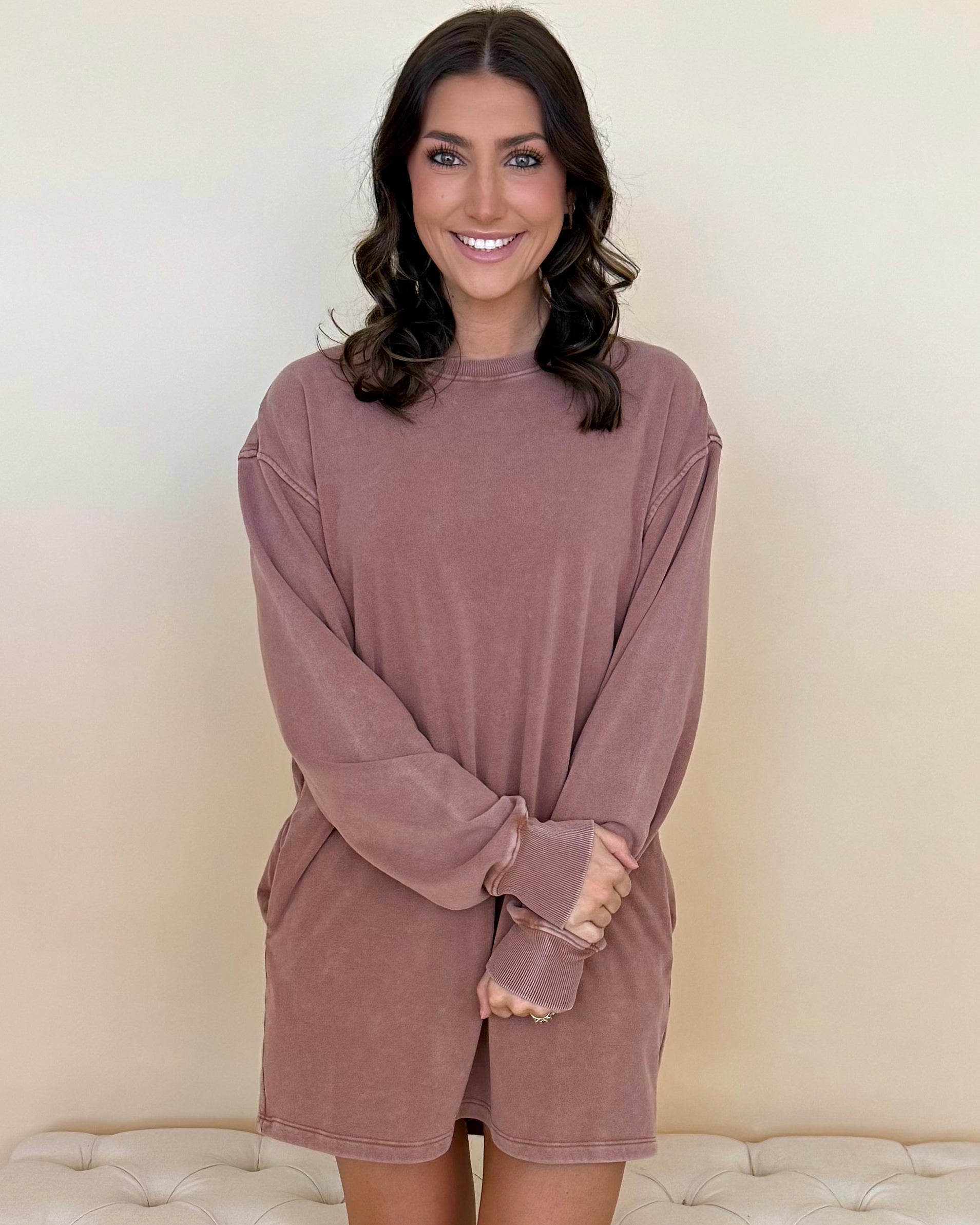 Line Up Chestnut Washed Sweatshirt Dress-Shop-Womens-Boutique-Clothing