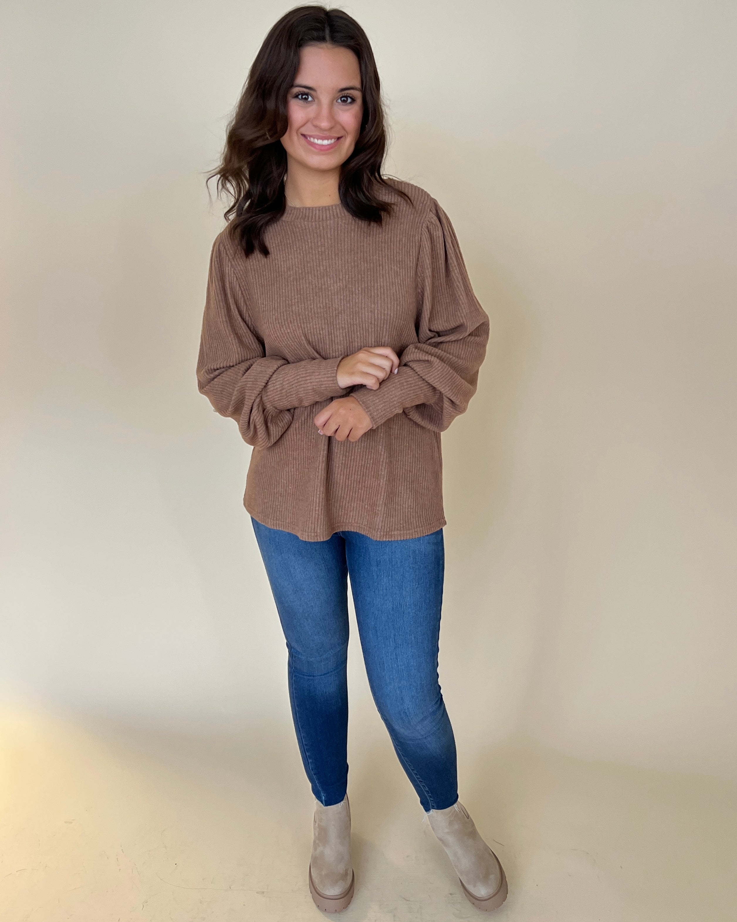 Perfect Together Camel Rib Puff Sleeve Top-Shop-Womens-Boutique-Clothing