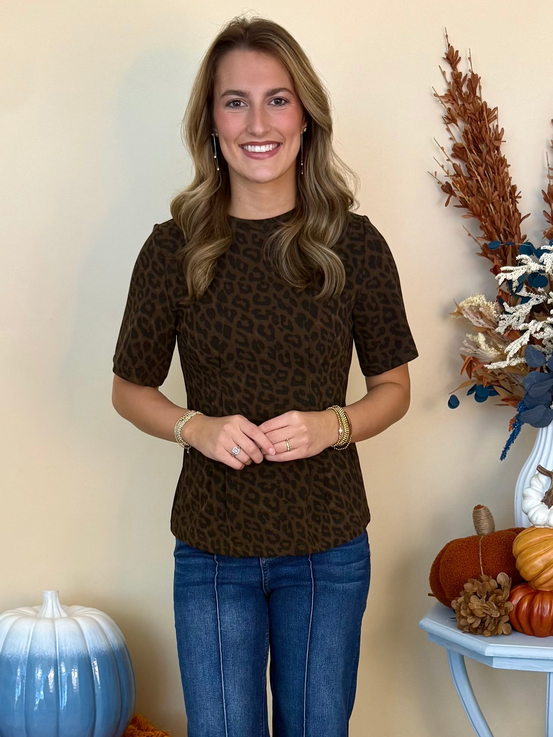 Fireside Feelings Brown Animal Print Pleat Top-Shop-Womens-Boutique-Clothing