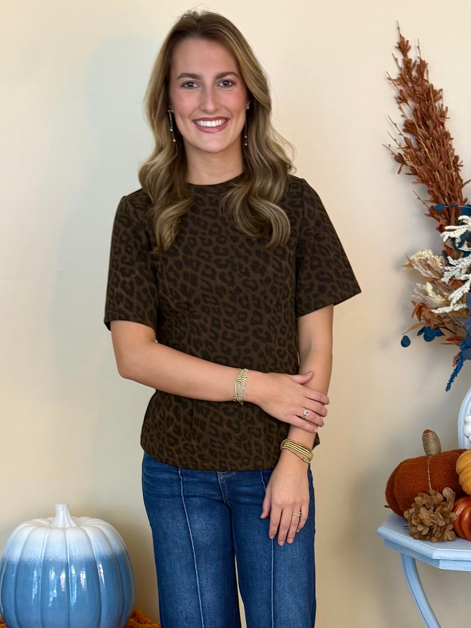 Fireside Feelings Brown Animal Print Pleat Top-Shop-Womens-Boutique-Clothing