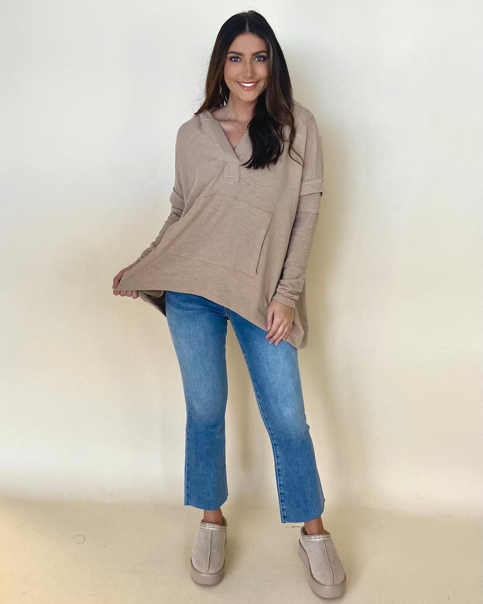 Losing Time Khaki Textured Hoodie Top-Shop-Womens-Boutique-Clothing