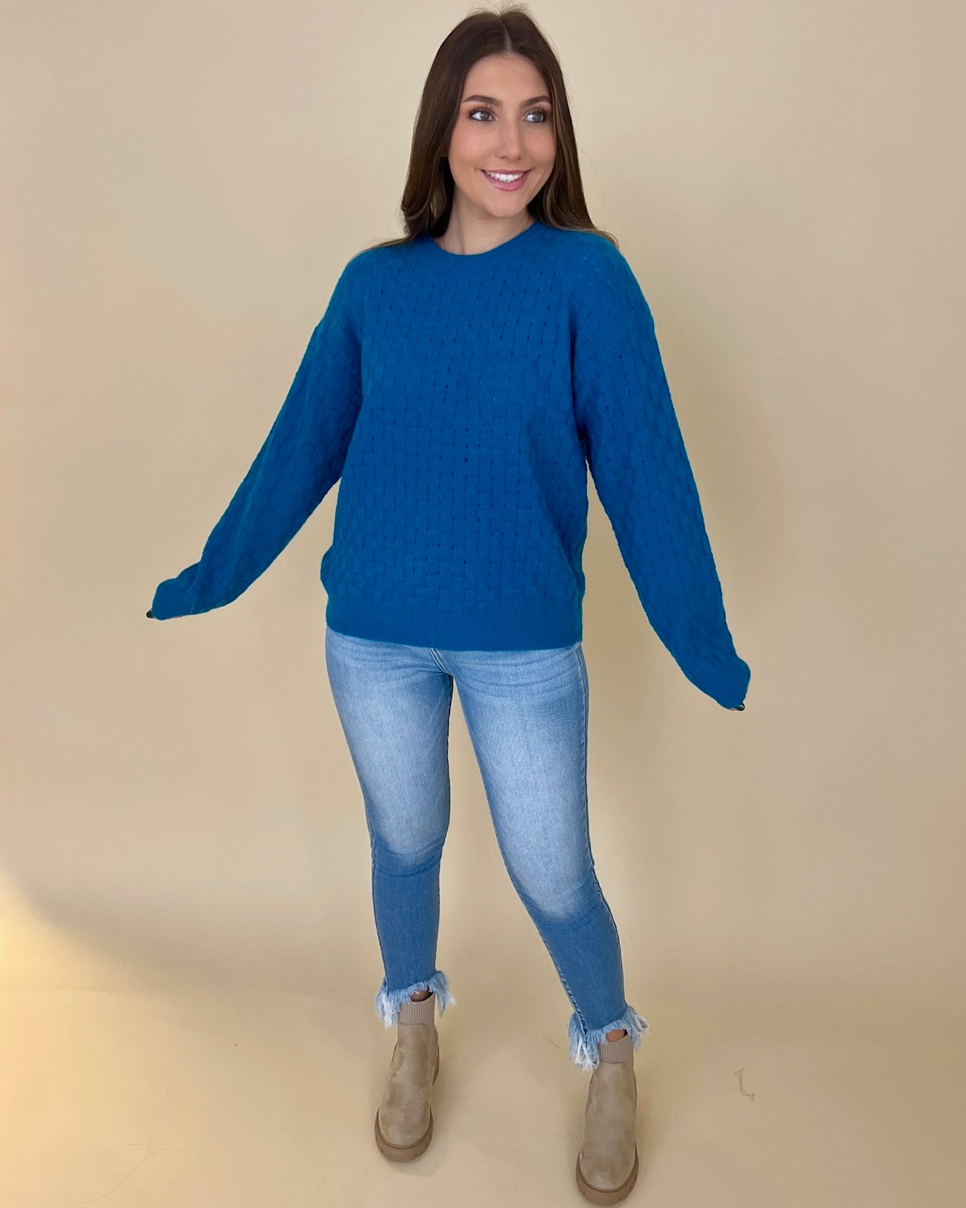 Stay Cozy Turquoise Checkered Knit Sweater-Shop-Womens-Boutique-Clothing