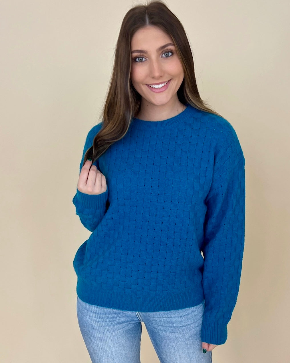 Stay Cozy Turquoise Checkered Knit Sweater-Shop-Womens-Boutique-Clothing