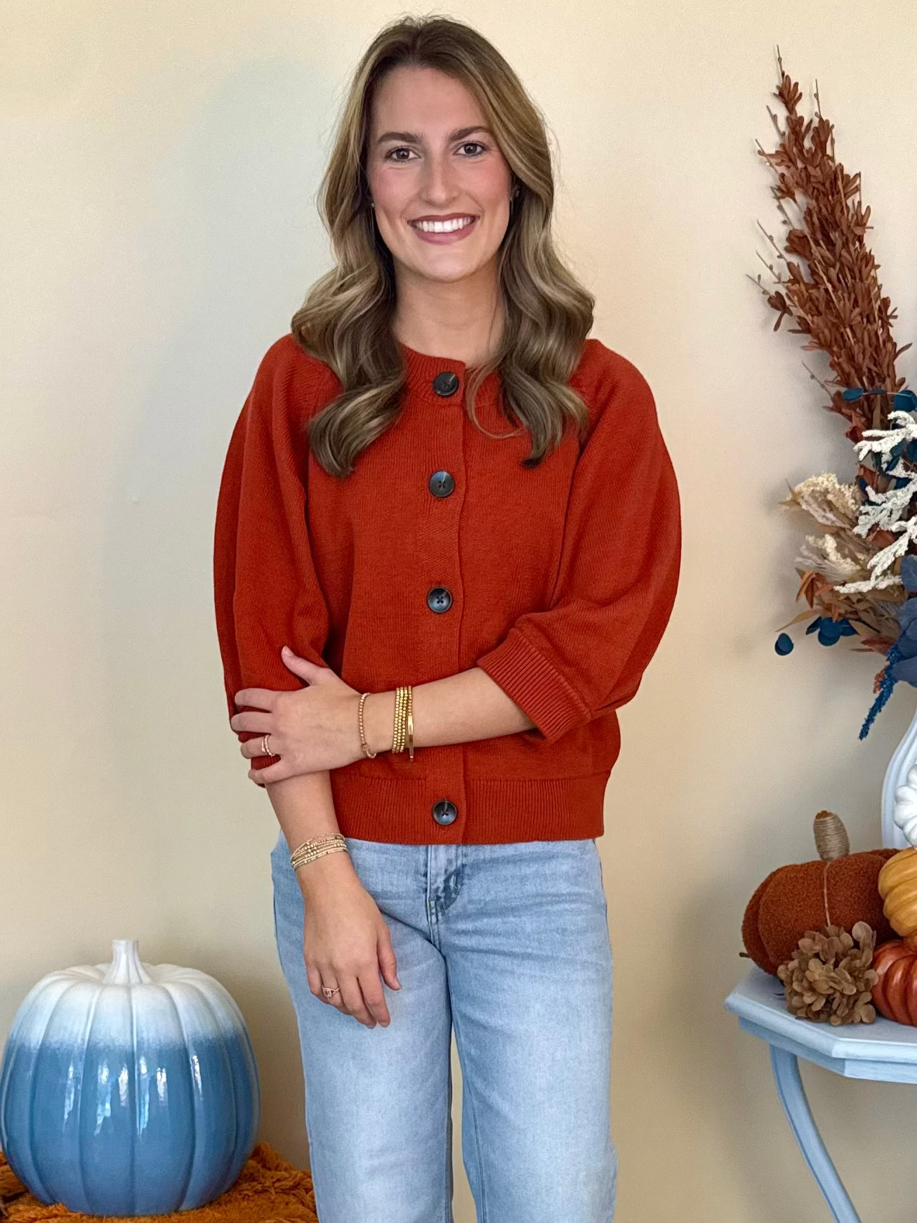 Porch Swing Clay Pleated 3/4 Sleeve Cardigan Sweater-Shop-Womens-Boutique-Clothing