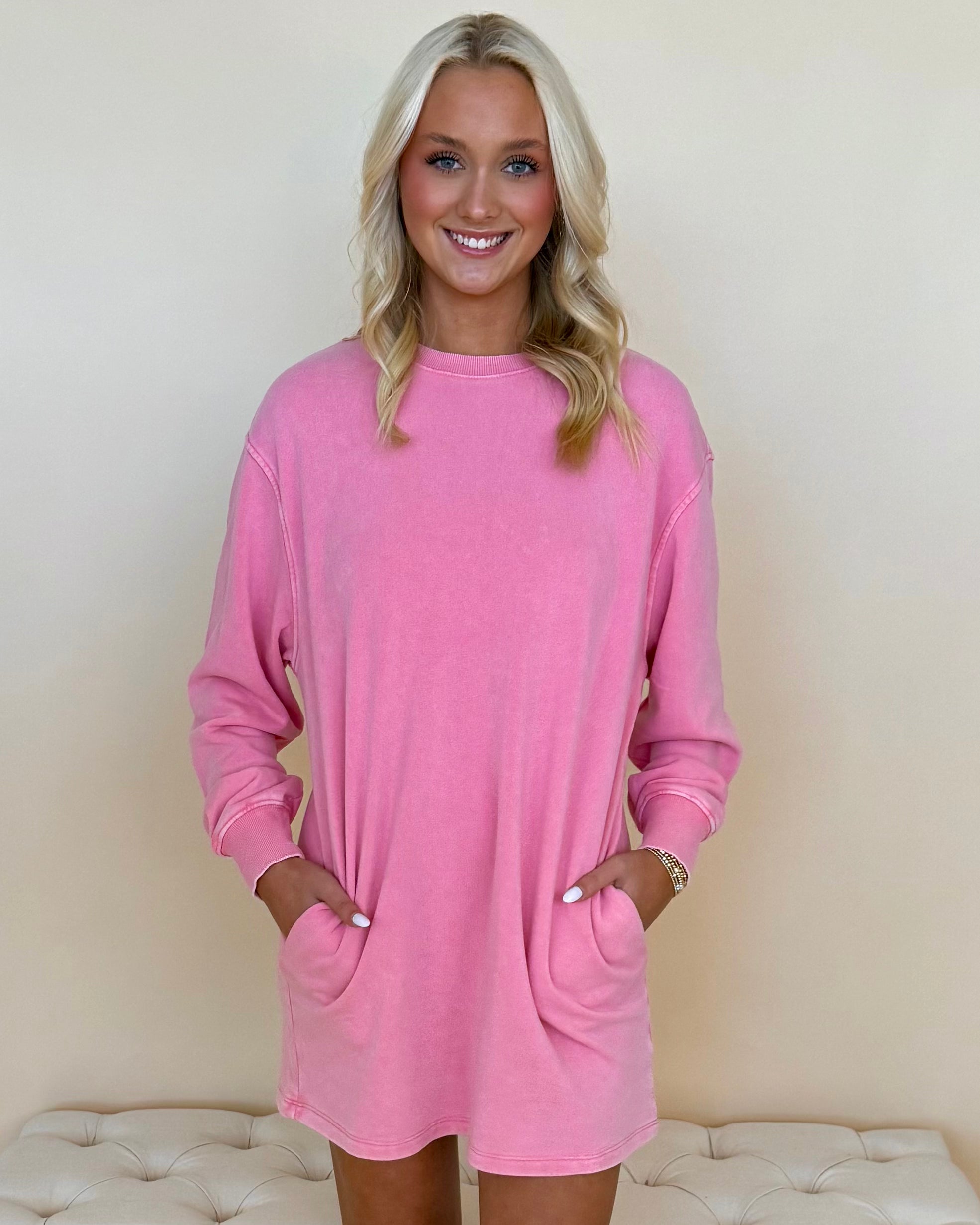 Line Up Pink Washed Sweatshirt Dress-Shop-Womens-Boutique-Clothing