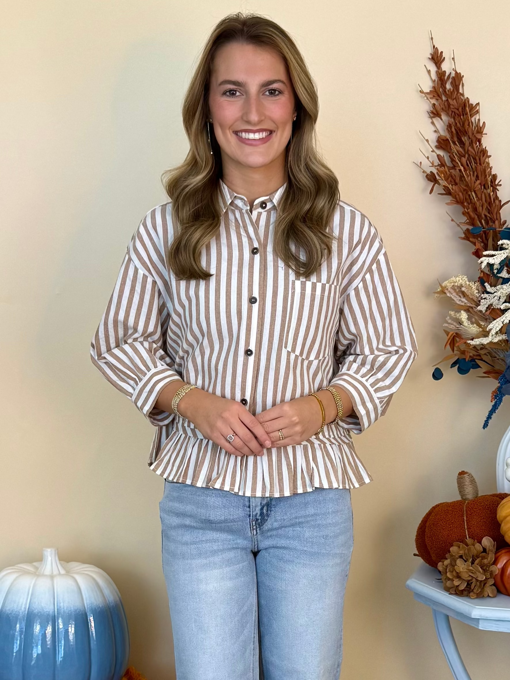In Bloom Mocha Striped Pleated Top-Shop-Womens-Boutique-Clothing