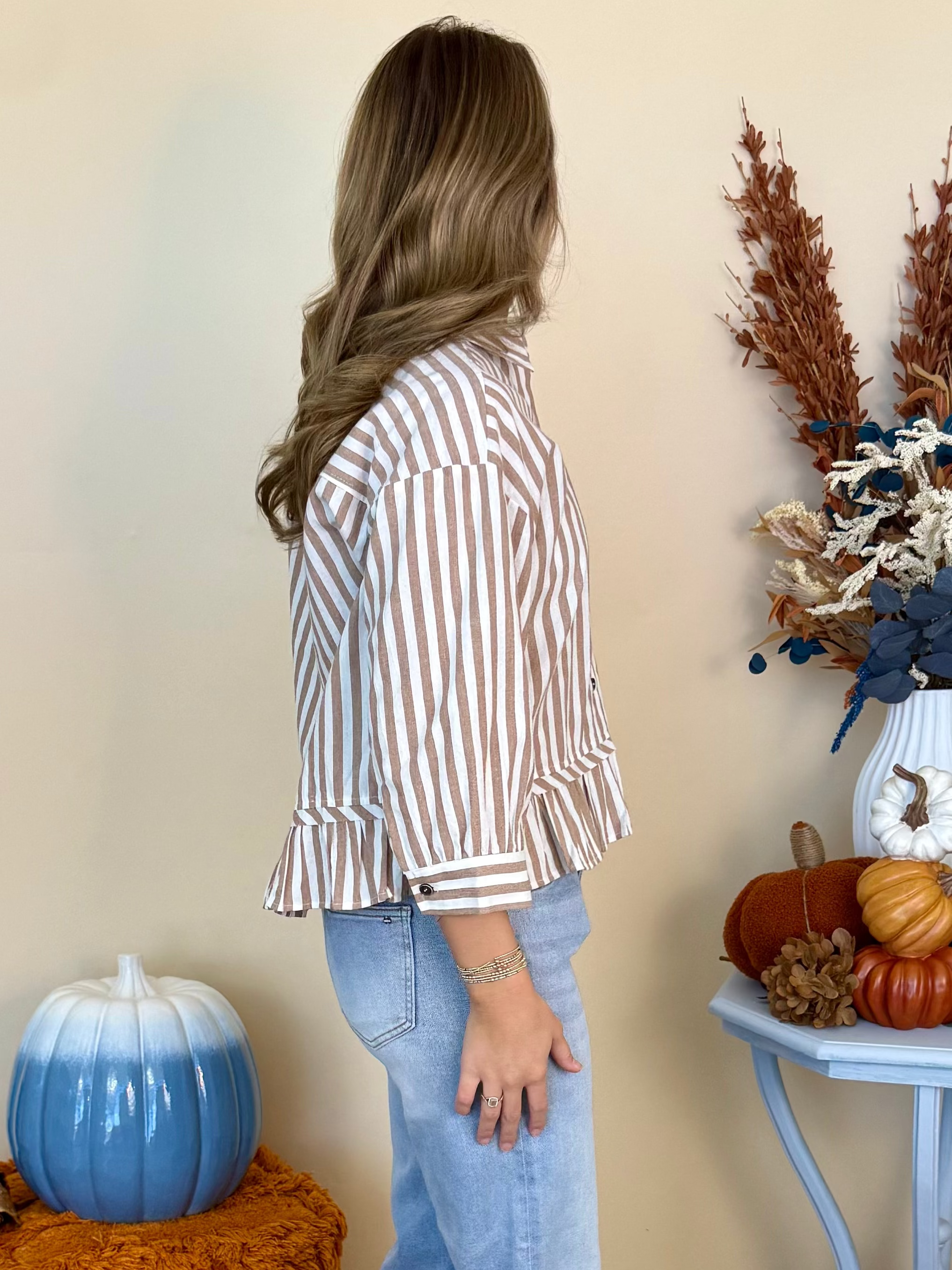 In Bloom Mocha Striped Pleated Top-Shop-Womens-Boutique-Clothing