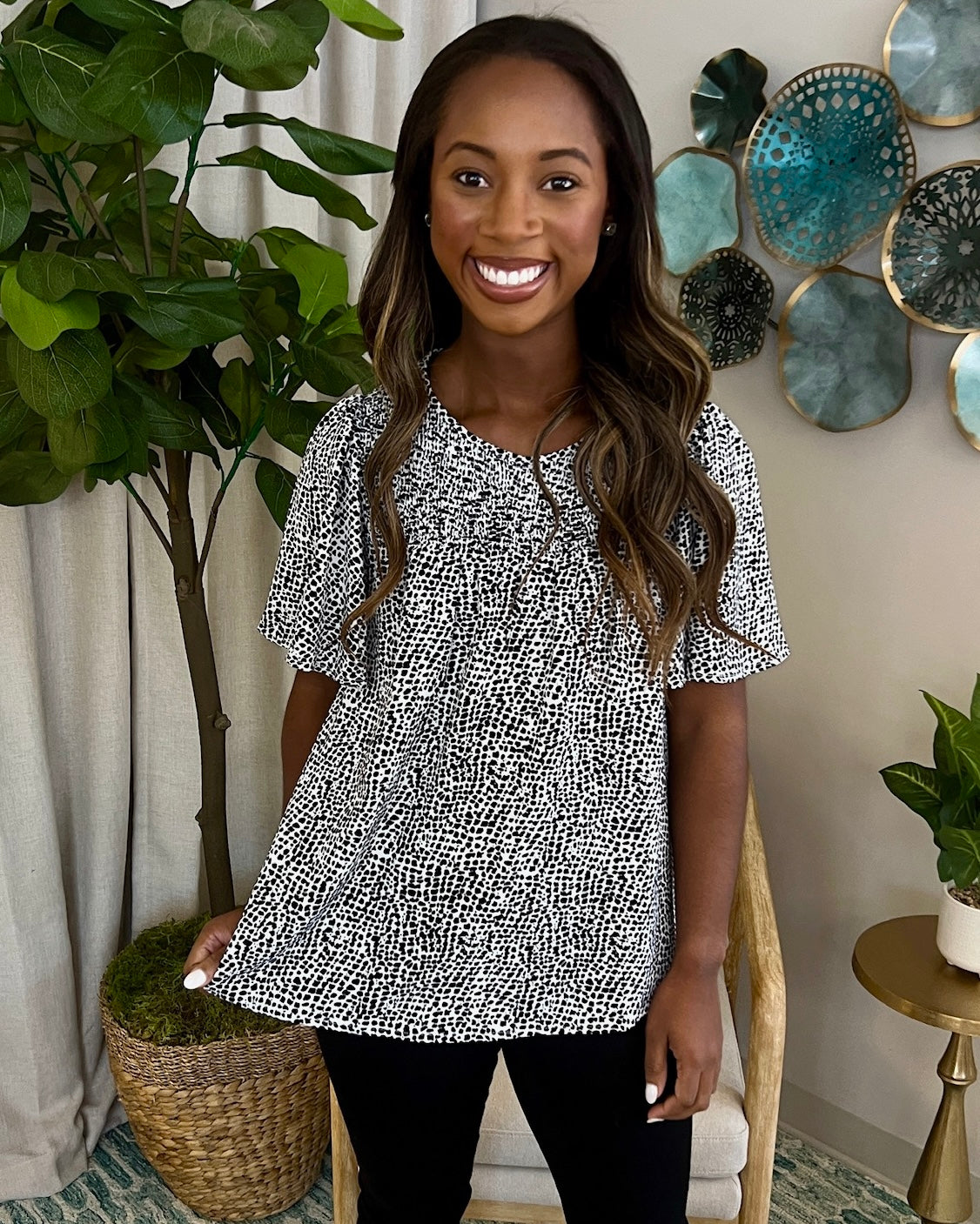 On Point Black Spotted Smocked Top-Shop-Womens-Boutique-Clothing