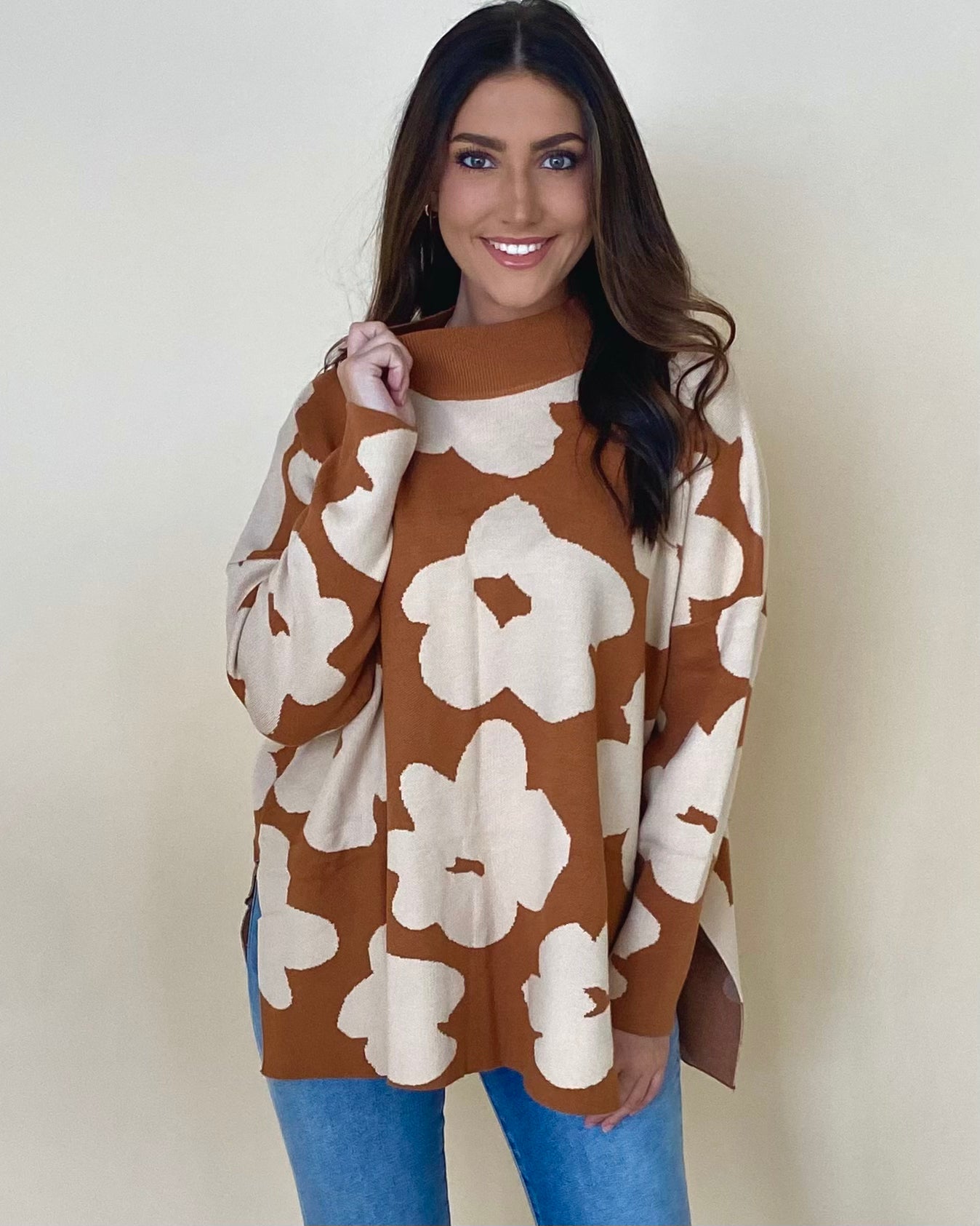 Each Day Toffee/Ivory Flower Sweater-Shop-Womens-Boutique-Clothing