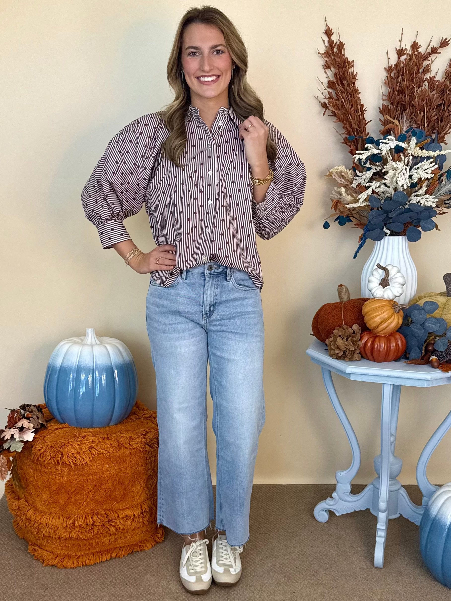 Cozy Season Brown Striped Dot 3/4 Sleeve Top-Shop-Womens-Boutique-Clothing