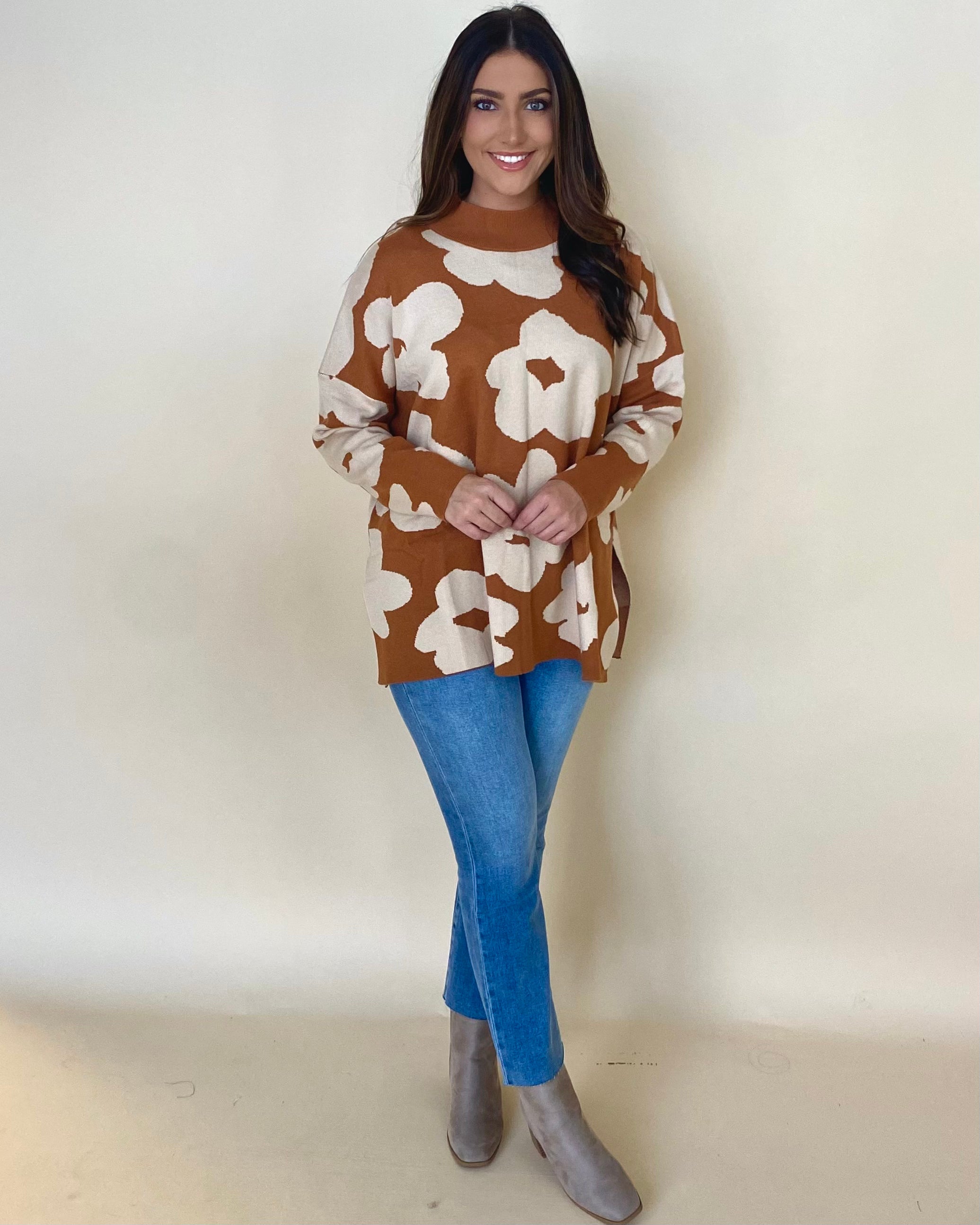 Each Day Toffee/Ivory Flower Sweater-Shop-Womens-Boutique-Clothing