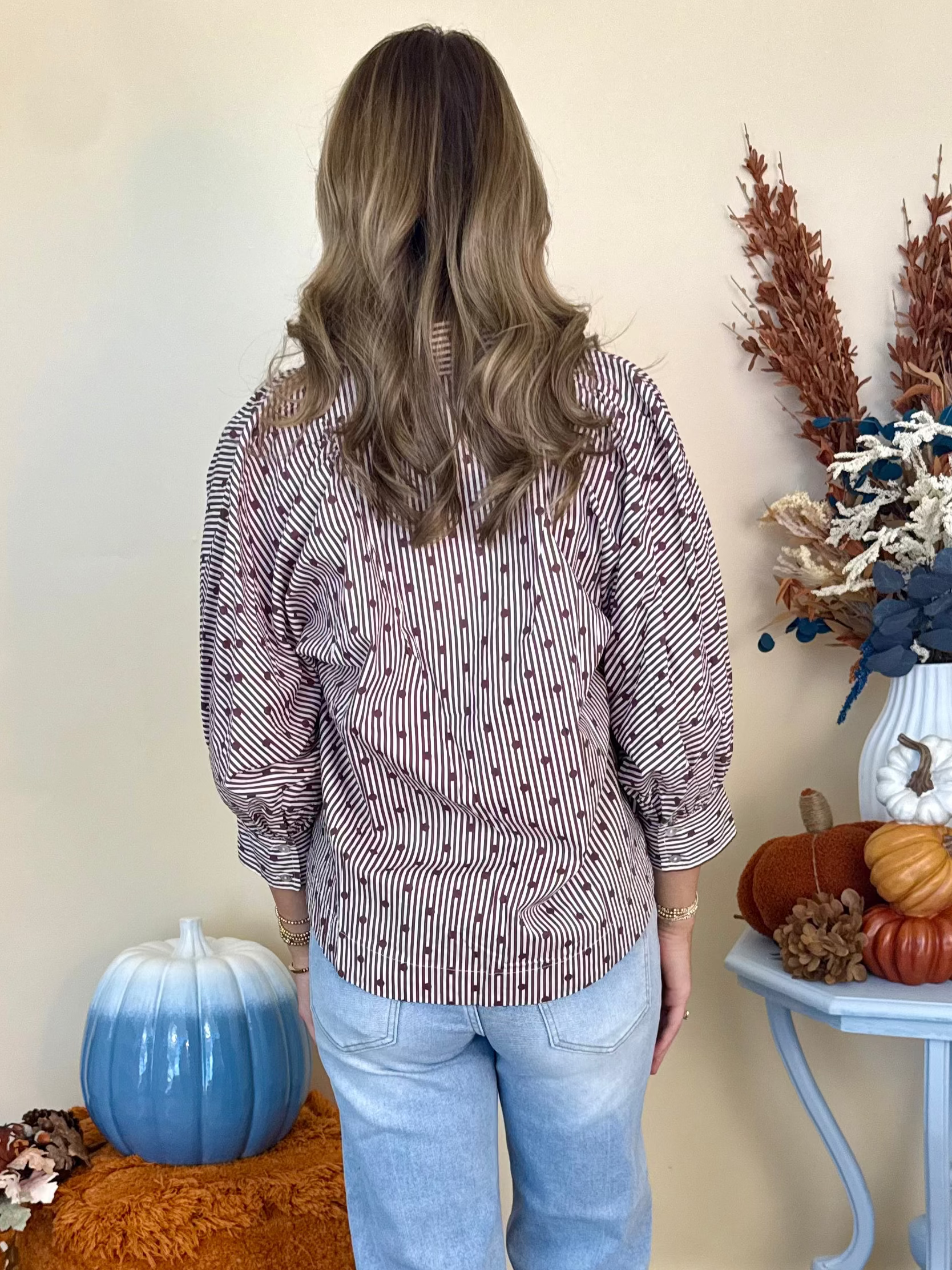 Cozy Season Brown Striped Dot 3/4 Sleeve Top-Shop-Womens-Boutique-Clothing