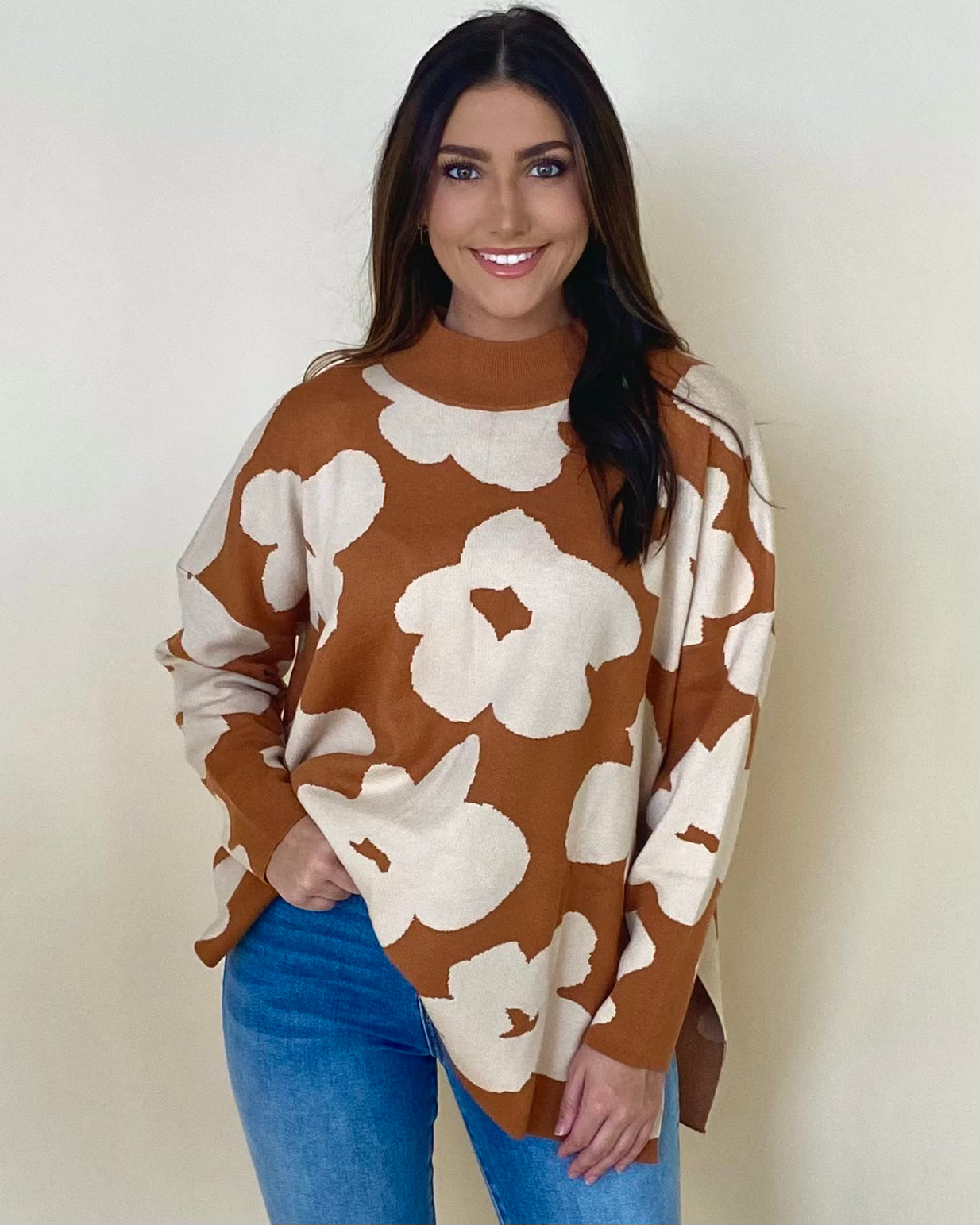 Each Day Toffee/Ivory Flower Sweater-Shop-Womens-Boutique-Clothing