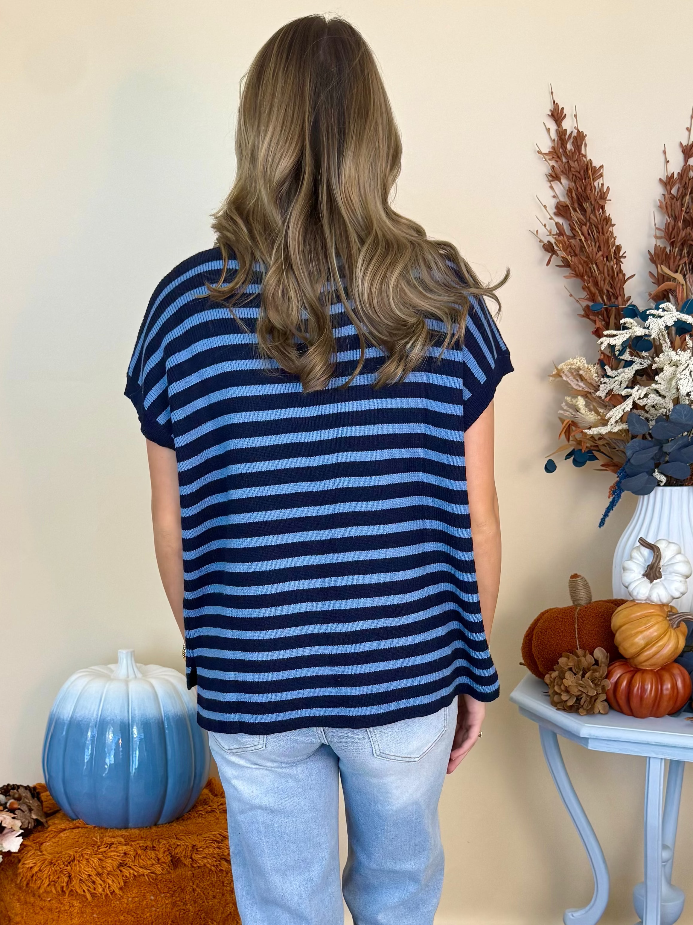 Front Porch Stories Navy Stripe Mock Neck Knit Sweater-Shop-Womens-Boutique-Clothing