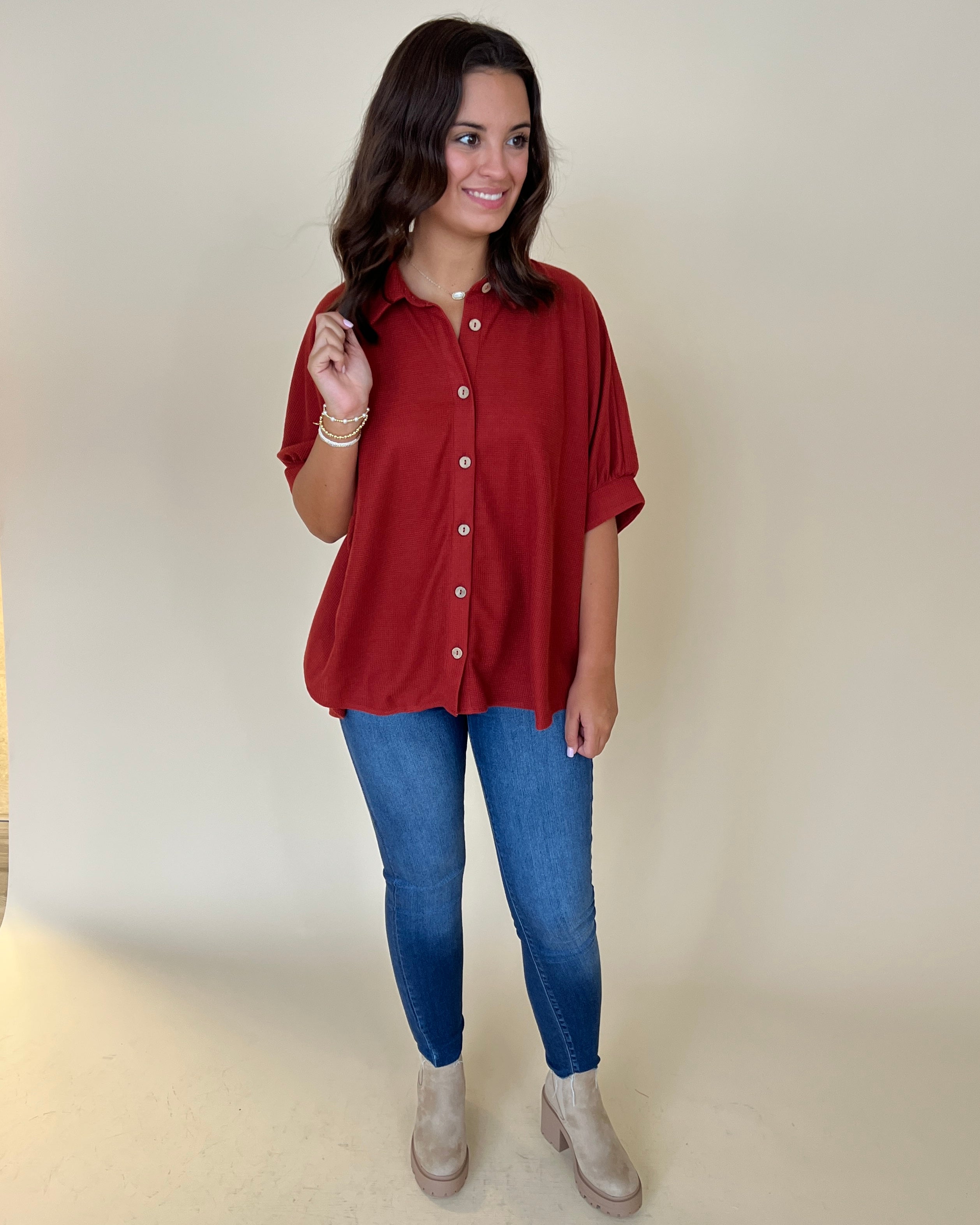 Let Loose Rust Waffle Button Down Top-Shop-Womens-Boutique-Clothing