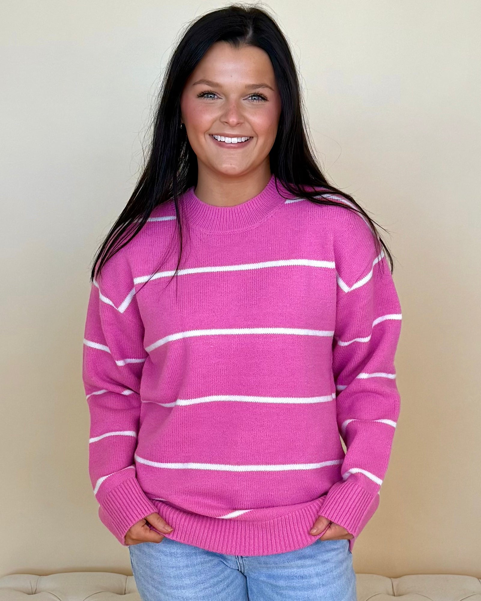 Calm Clouds Candy Pink/Ivory Stripe Sweater-Shop-Womens-Boutique-Clothing