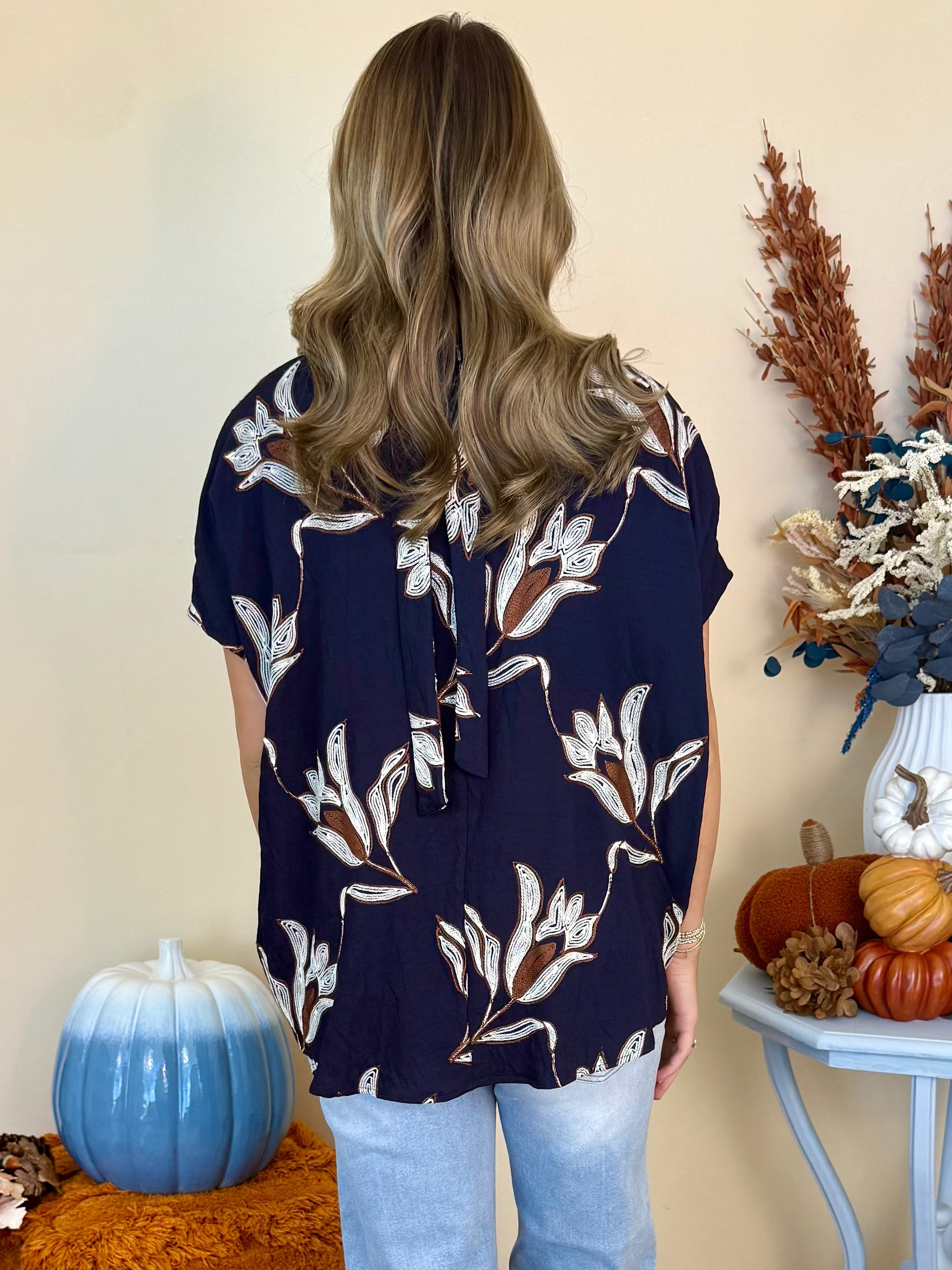 Rooftop Views Midnight Floral Gathered High Collar Top-Shop-Womens-Boutique-Clothing