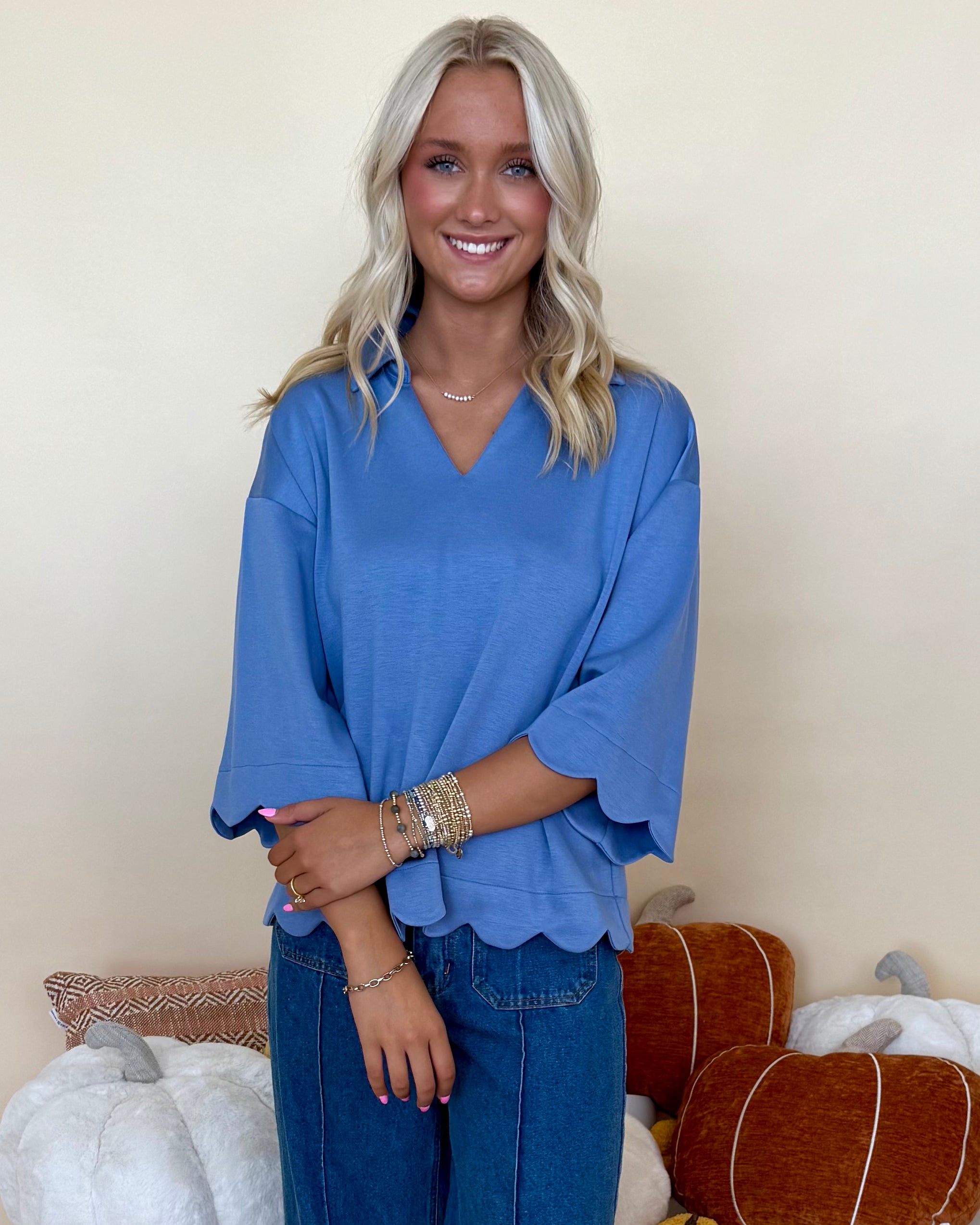 Cozy Cuddles Denim Scallop Collared Top-Shop-Womens-Boutique-Clothing