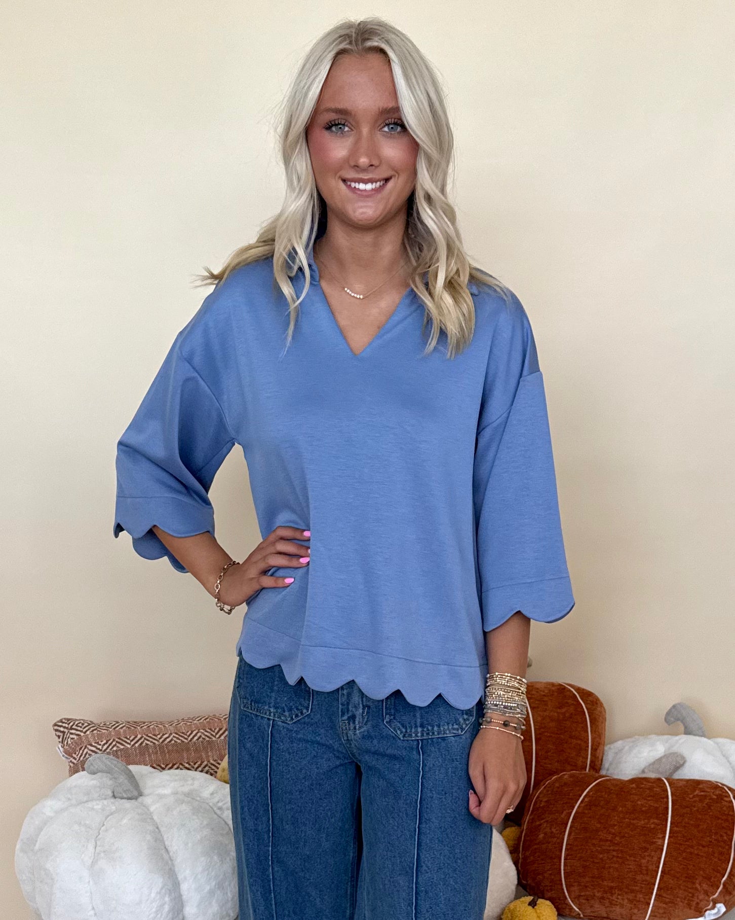 Cozy Cuddles Denim Scallop Collared Top-Shop-Womens-Boutique-Clothing
