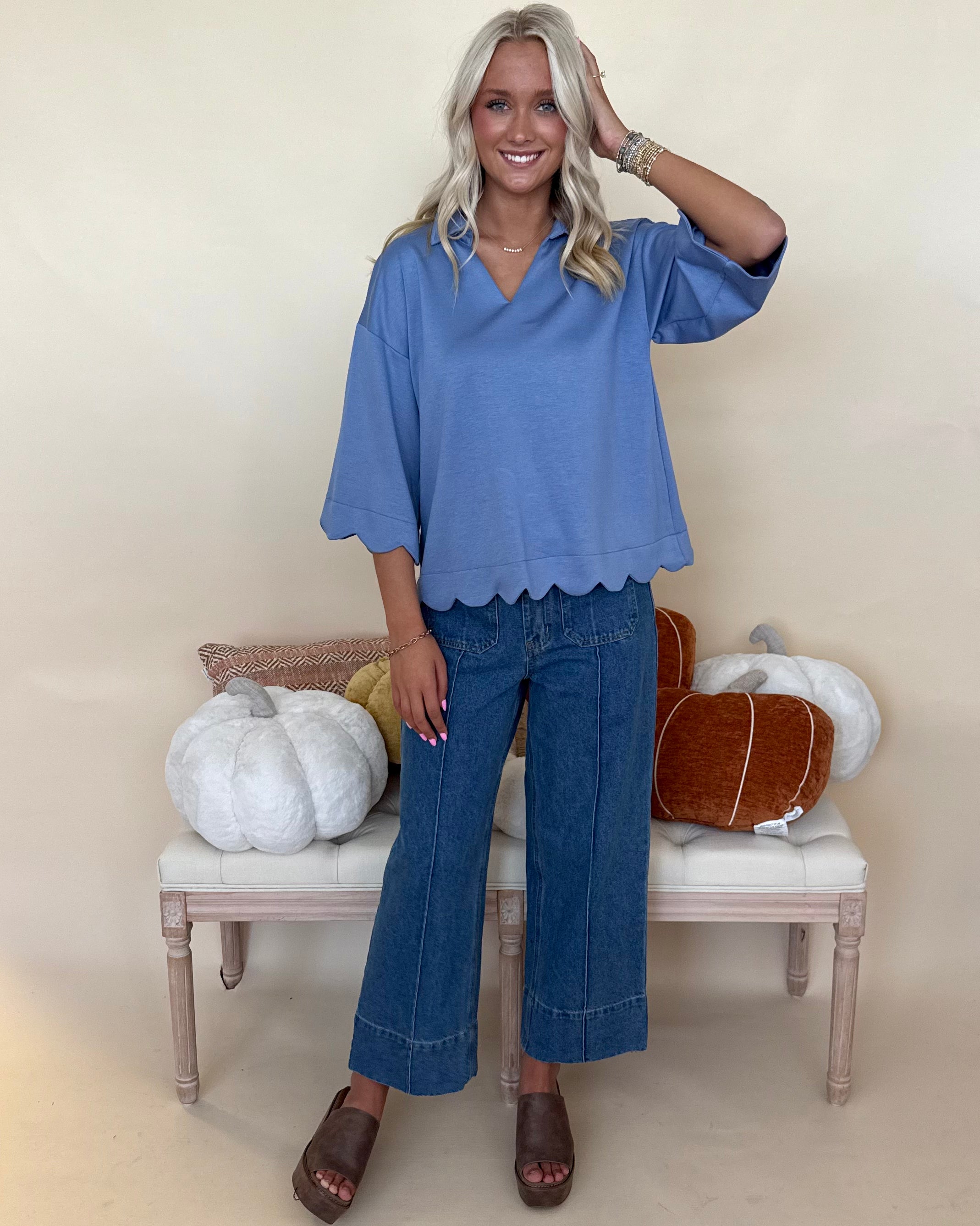 Cozy Cuddles Denim Scallop Collared Top-Shop-Womens-Boutique-Clothing