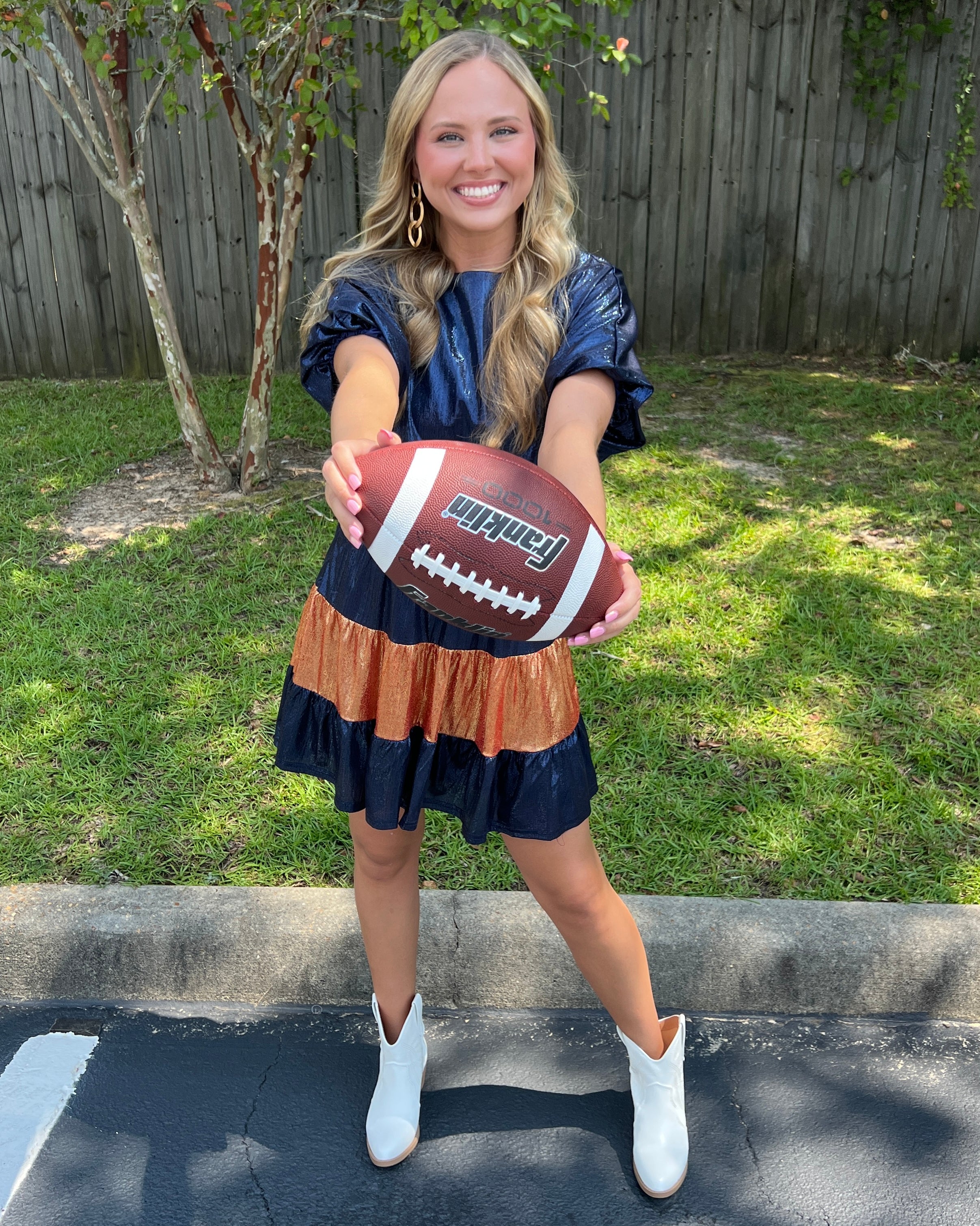 Ready To Tailgate Navy Metallic Stripe Smocked Dress-Shop-Womens-Boutique-Clothing
