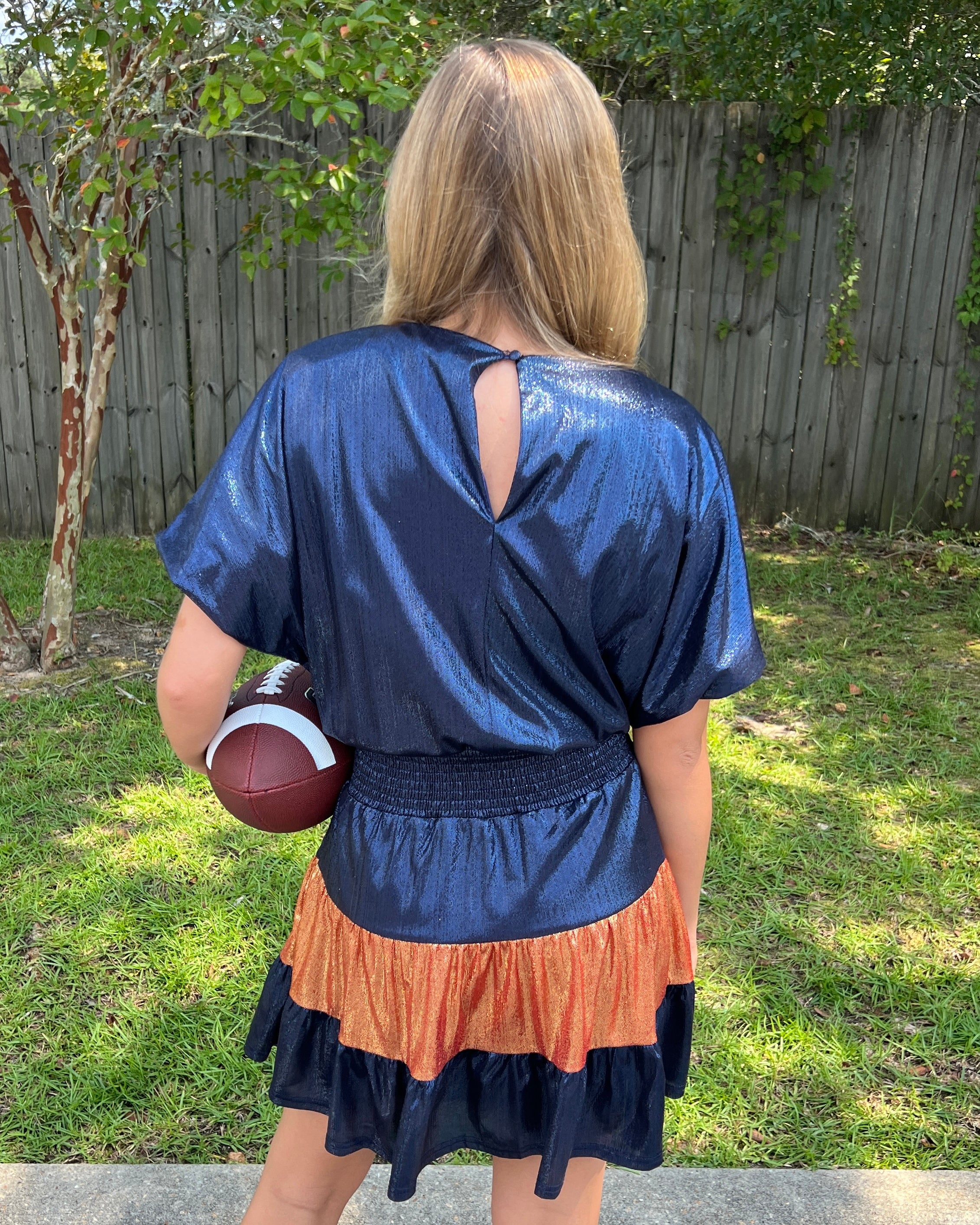 Ready To Tailgate Navy Metallic Stripe Smocked Dress-Shop-Womens-Boutique-Clothing