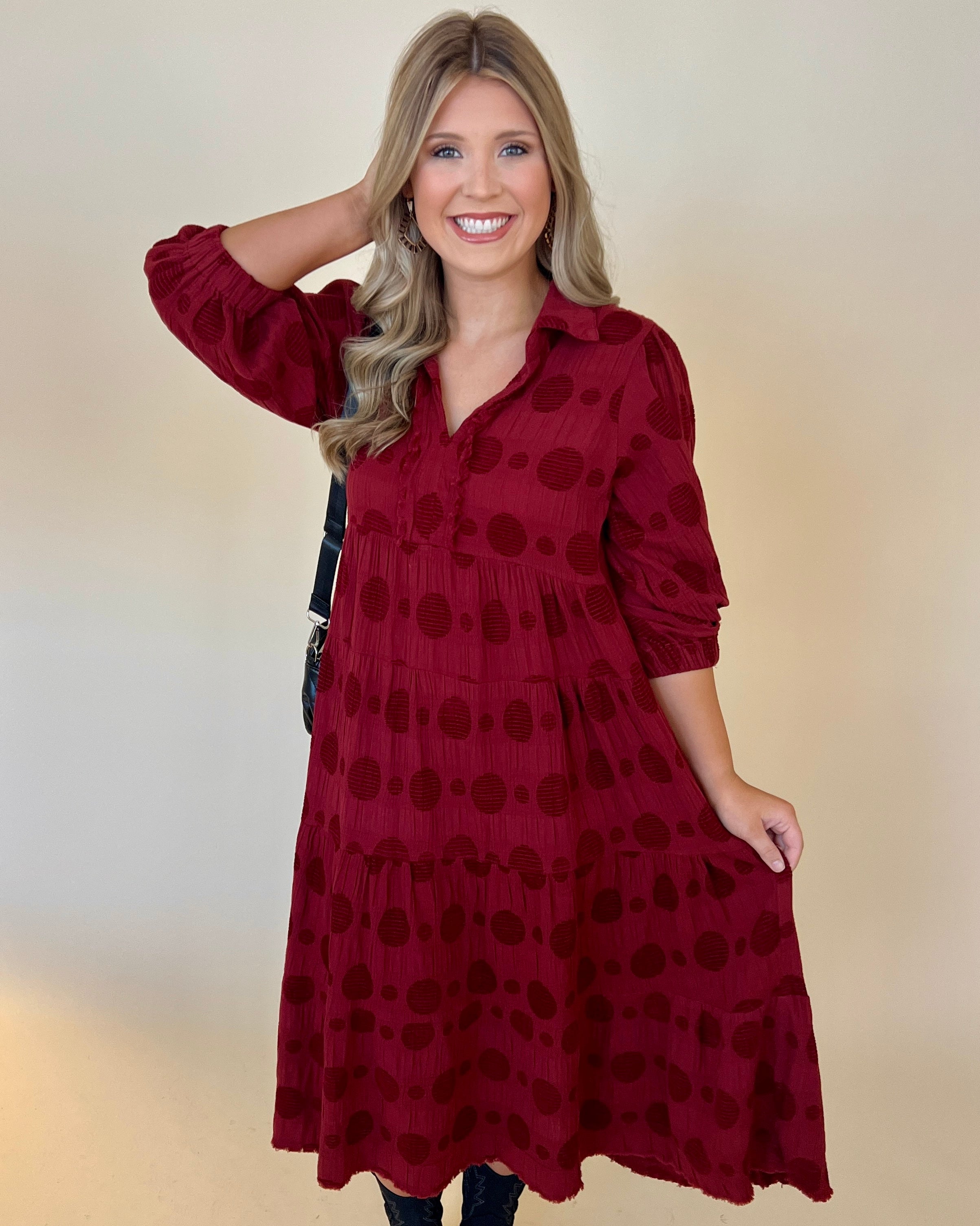 Too Busy Wine Dot Textured Midi Dress-Shop-Womens-Boutique-Clothing