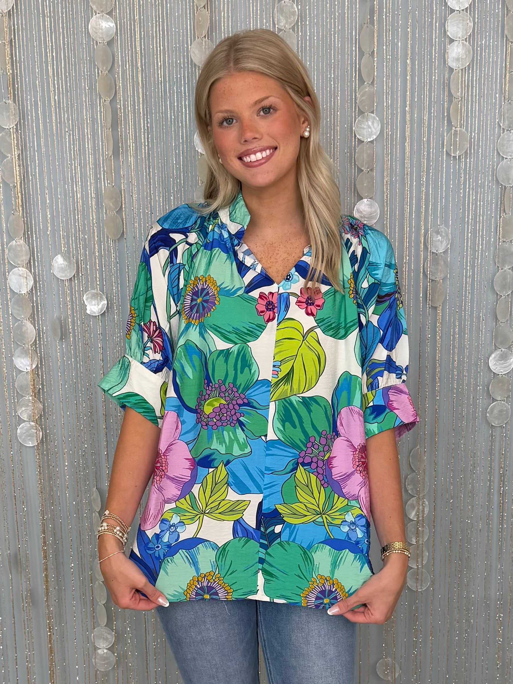 Great Expectations Royal Mix Floral Half Sleeve Top-Shop-Womens-Boutique-Clothing