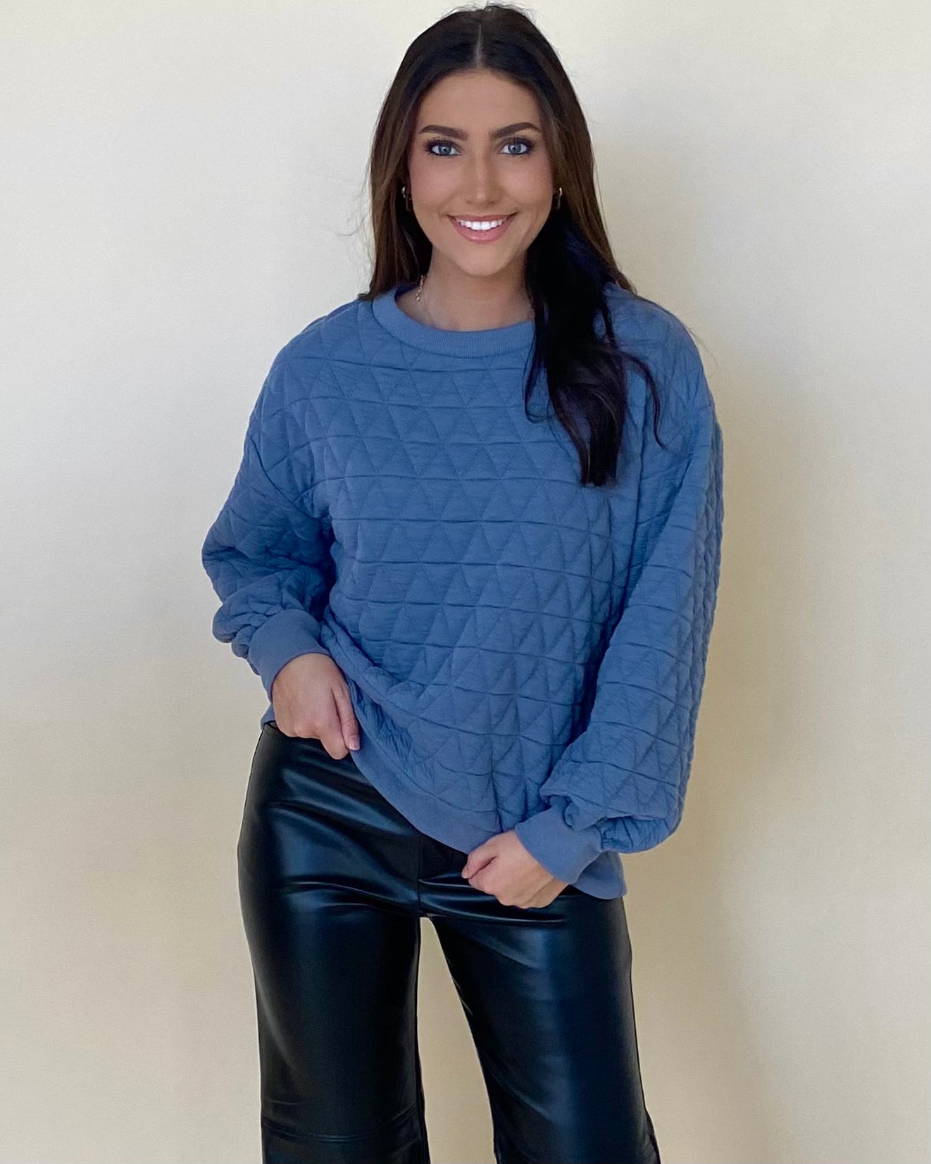 Make Moves Dusty Blue Quilted Sweatshirt-Shop-Womens-Boutique-Clothing