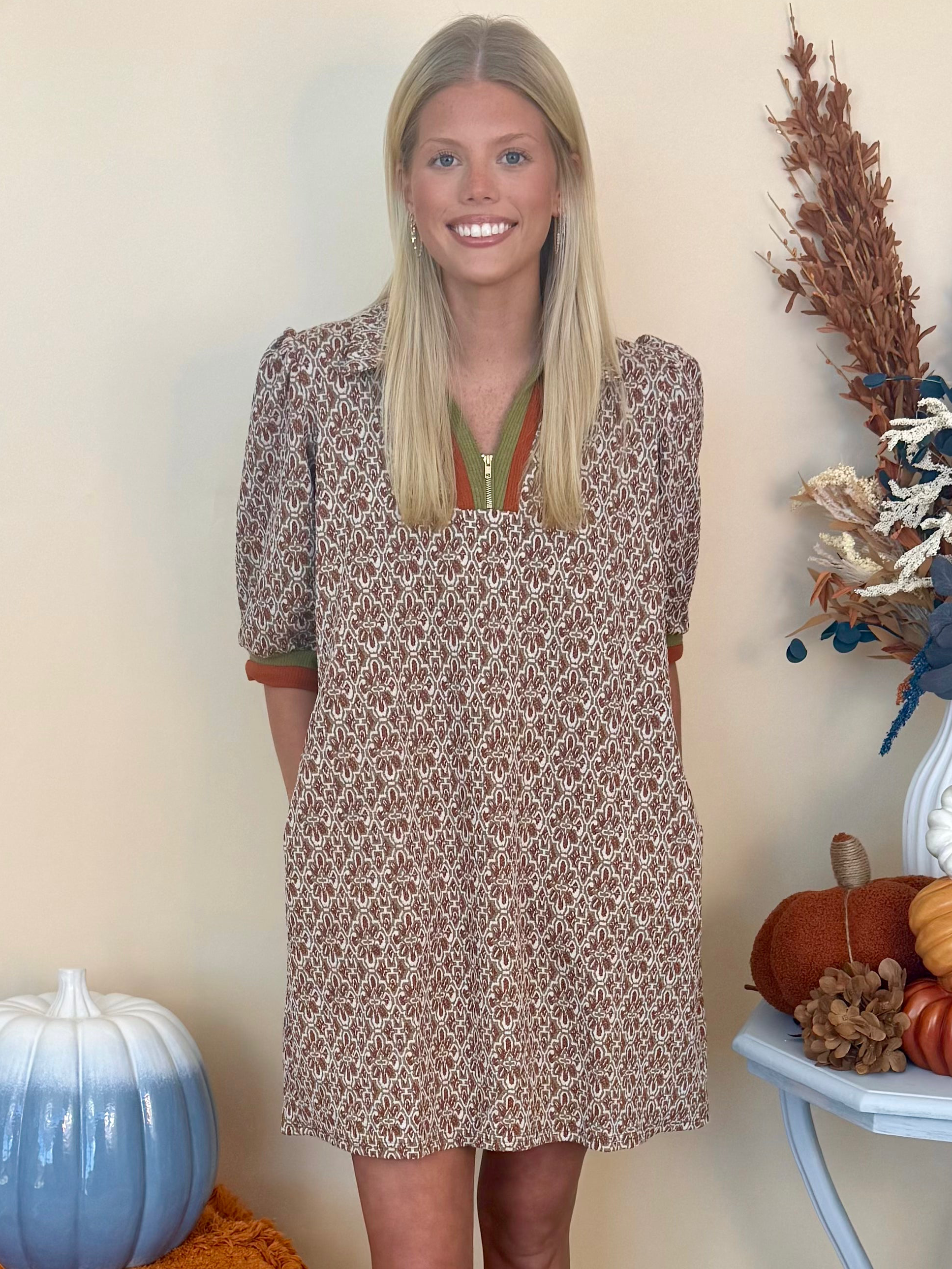 Maple Moments Chestnut Checkered Print Collared Dress-Shop-Womens-Boutique-Clothing