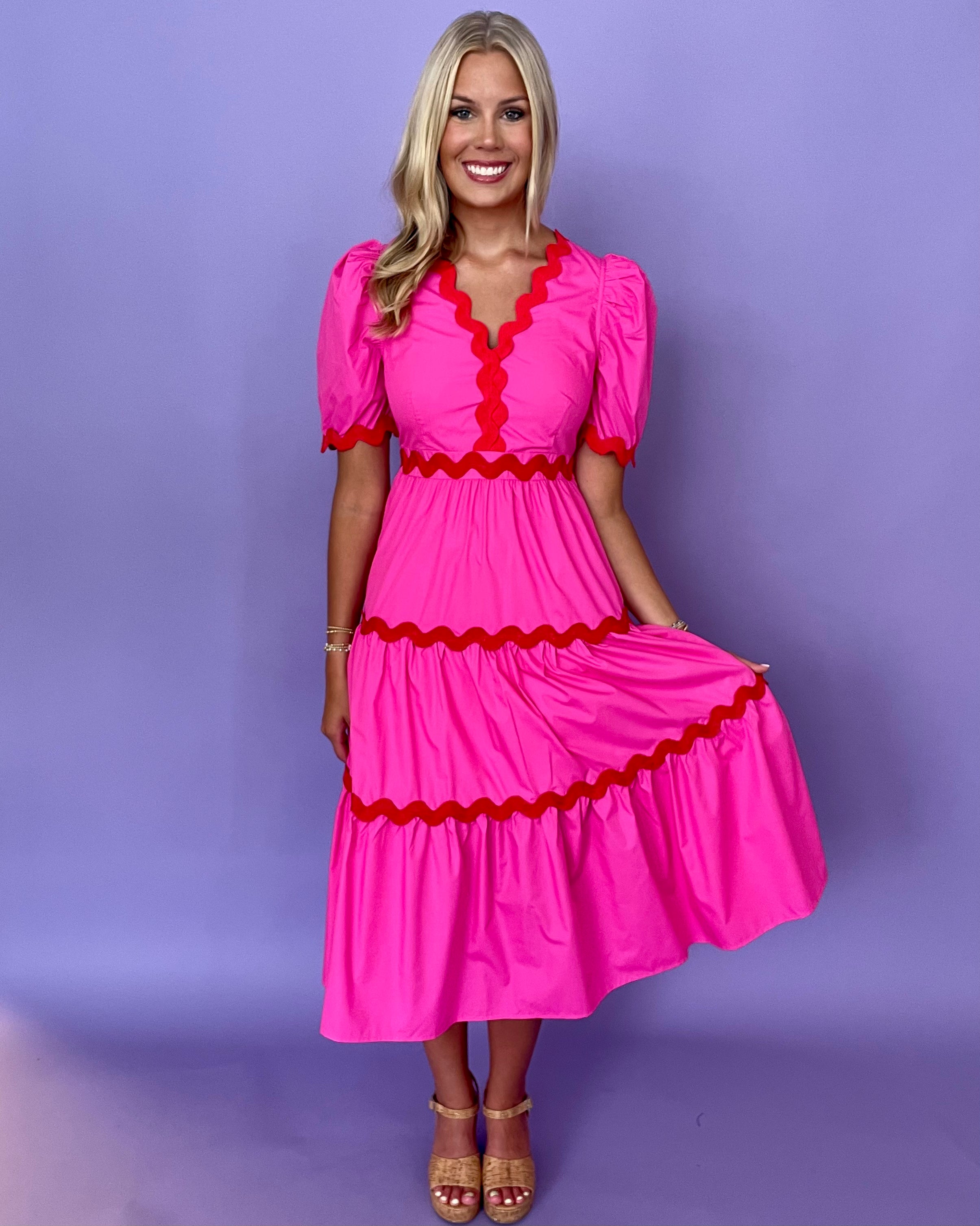 Sweet Charmer Pink Ric Rac Midi Dress-Shop-Womens-Boutique-Clothing