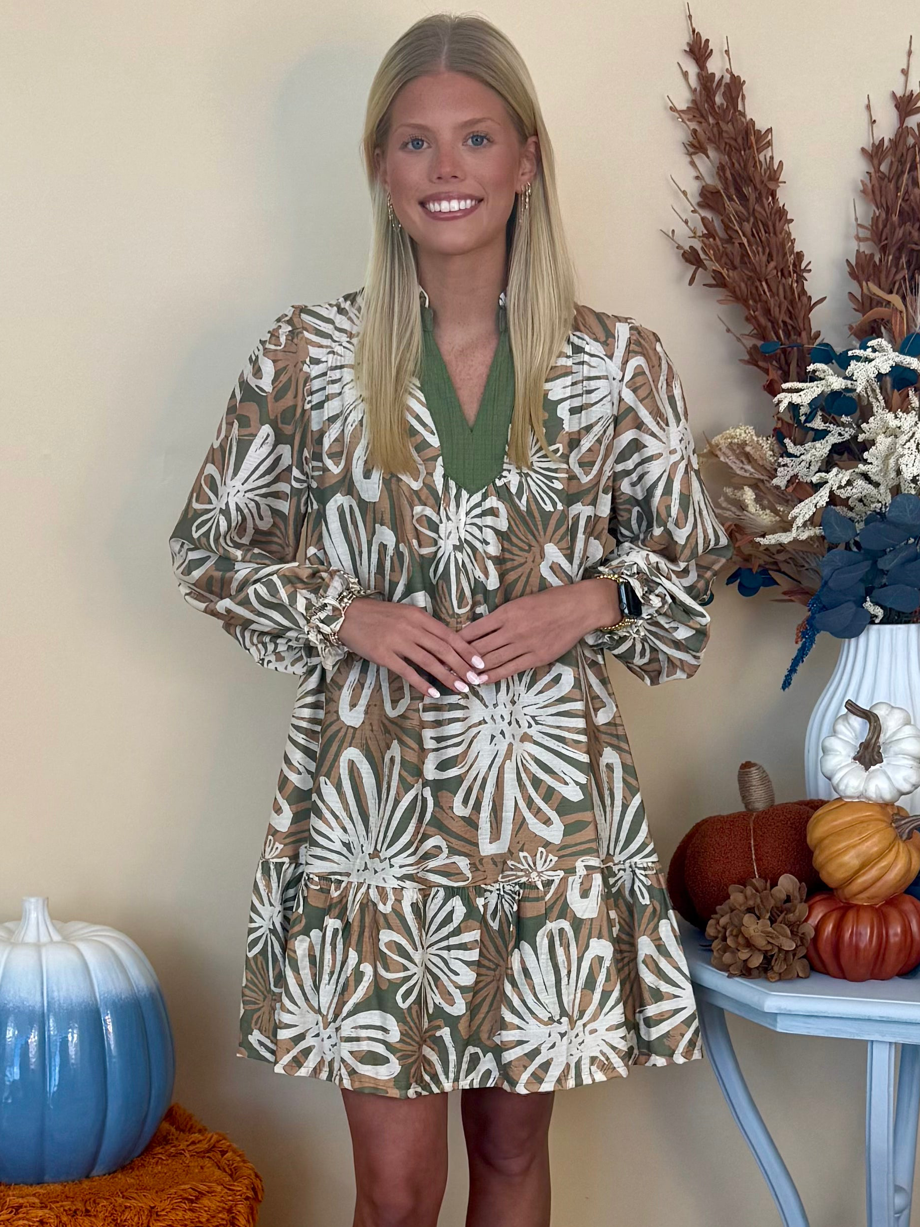 London Charm Sage Floral Ruffled Neck Dress-Shop-Womens-Boutique-Clothing