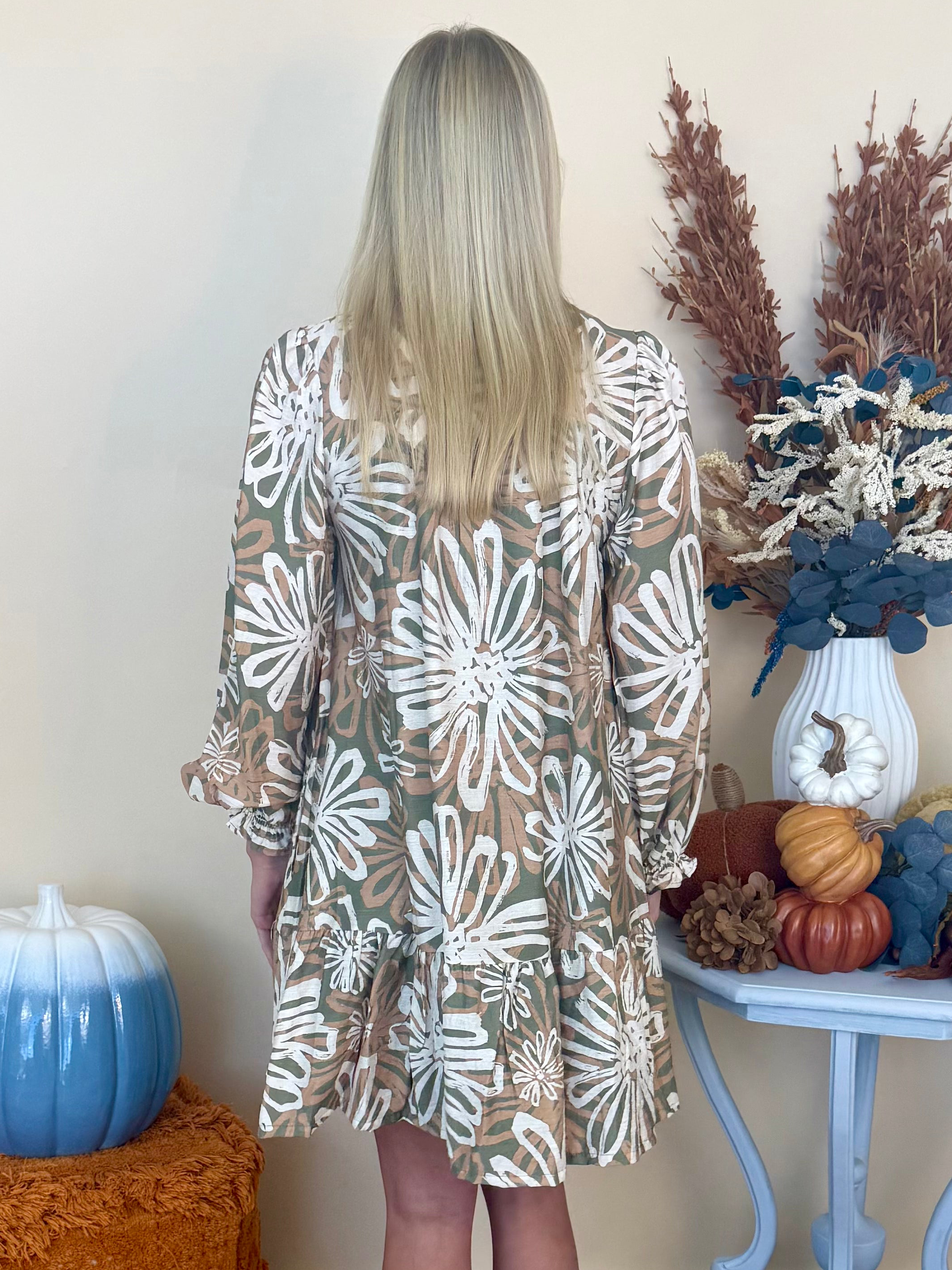 London Charm Sage Floral Ruffled Neck Dress-Shop-Womens-Boutique-Clothing