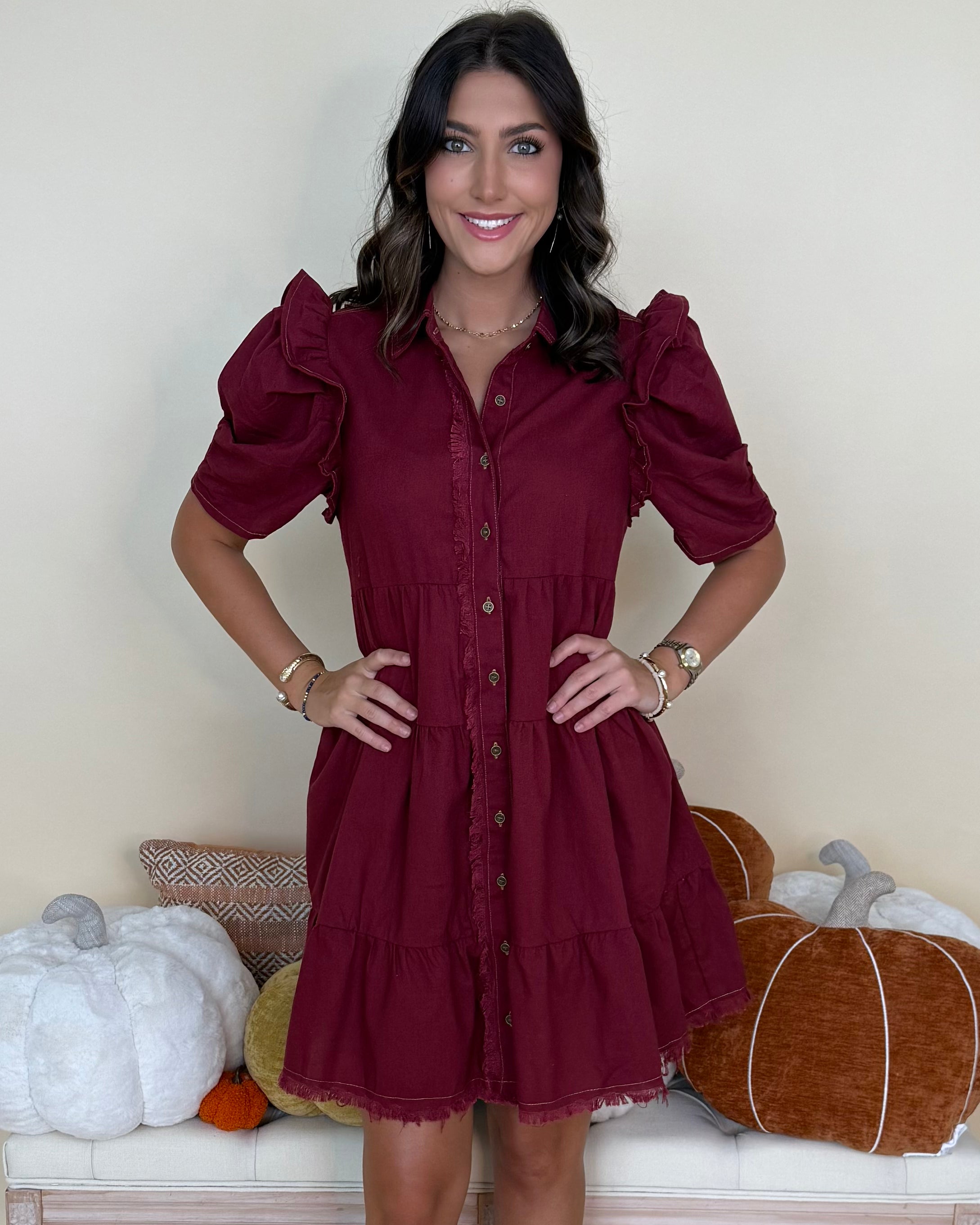 Starlit Skies Burgundy Button Frayed Dress-Shop-Womens-Boutique-Clothing