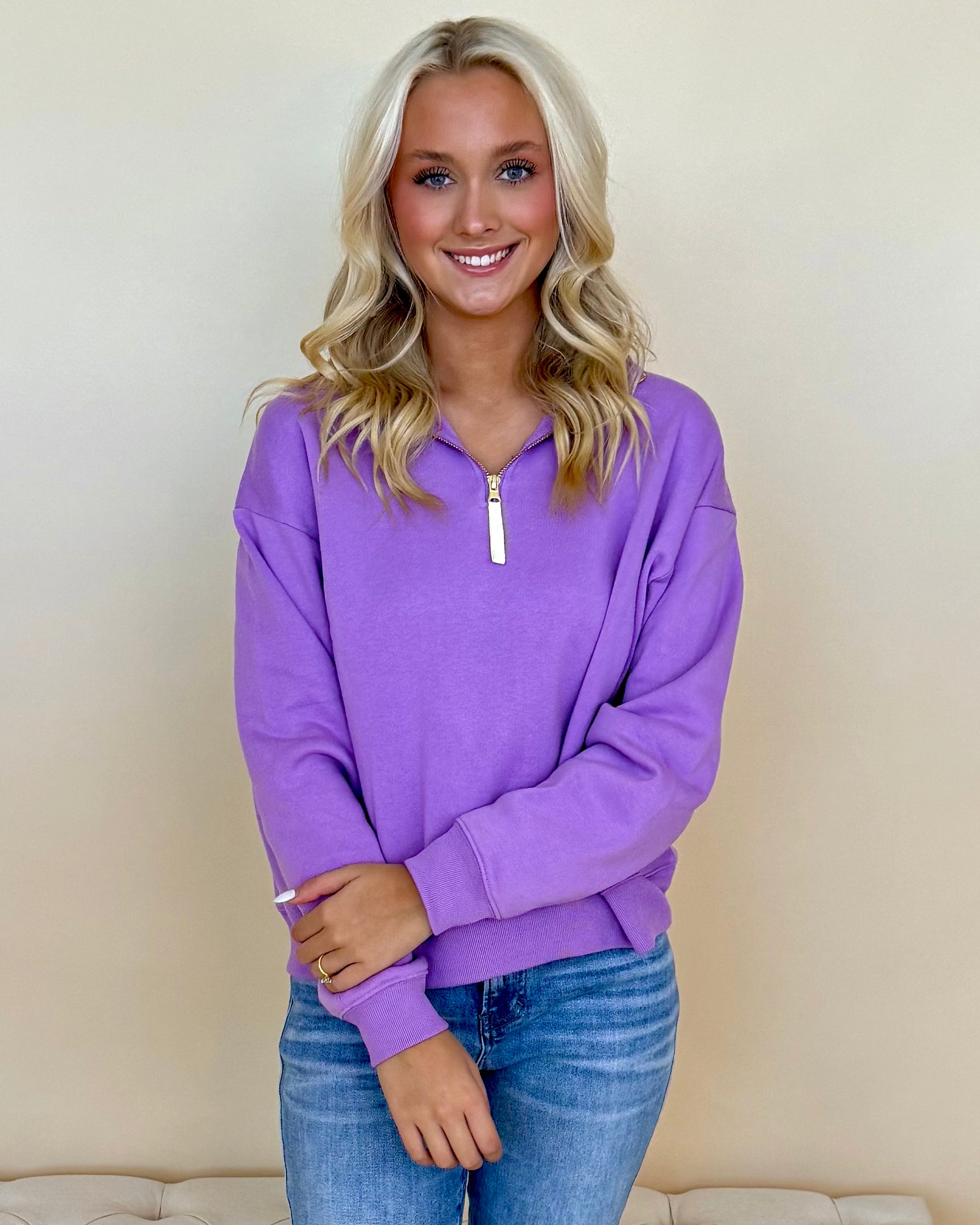 Daily Wear Lavender Zip Sweatshirt-Shop-Womens-Boutique-Clothing