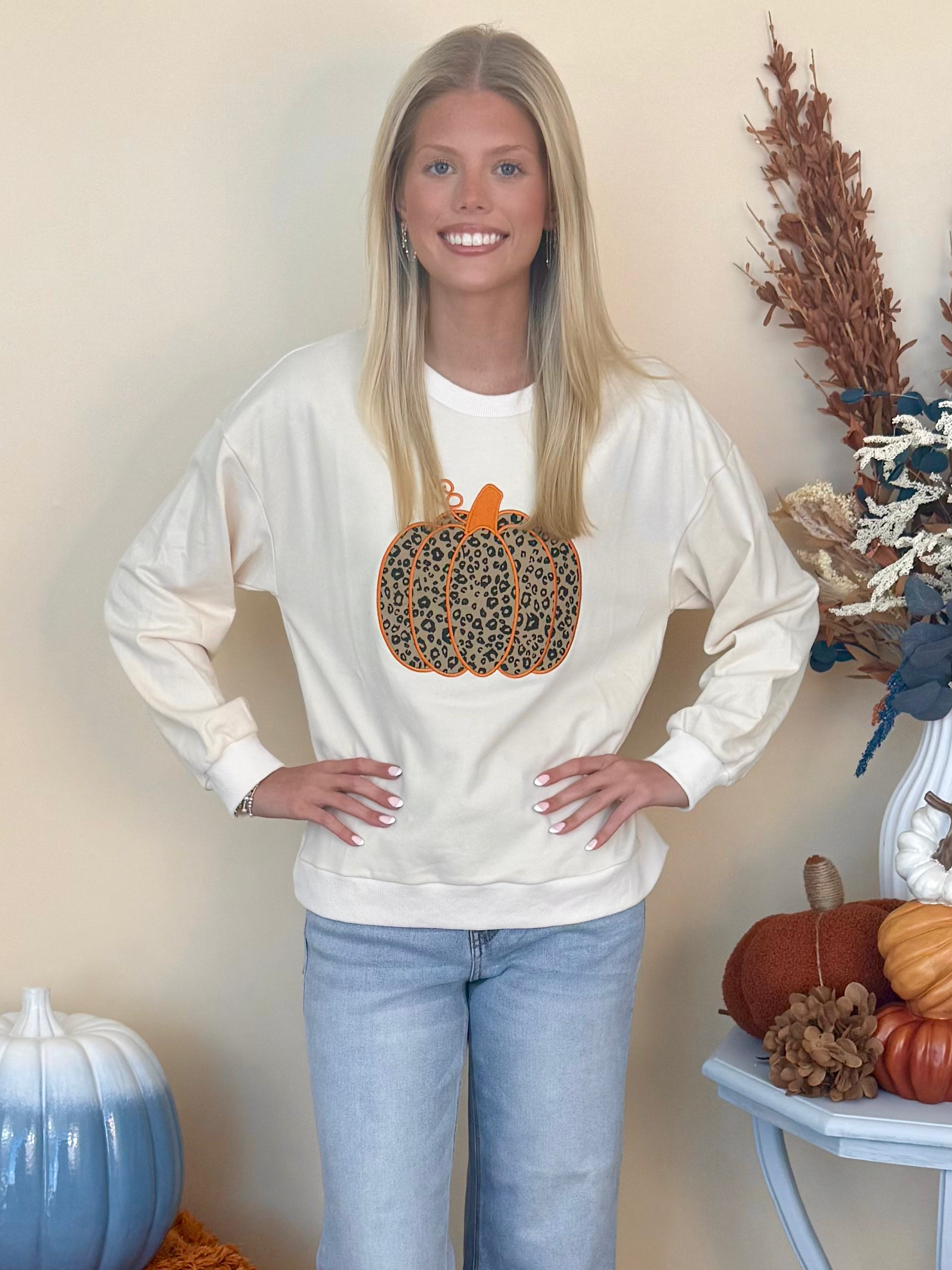 Pumpkin Please, Ivory Leopard Print Pumpkin Sweatshirt-Shop-Womens-Boutique-Clothing