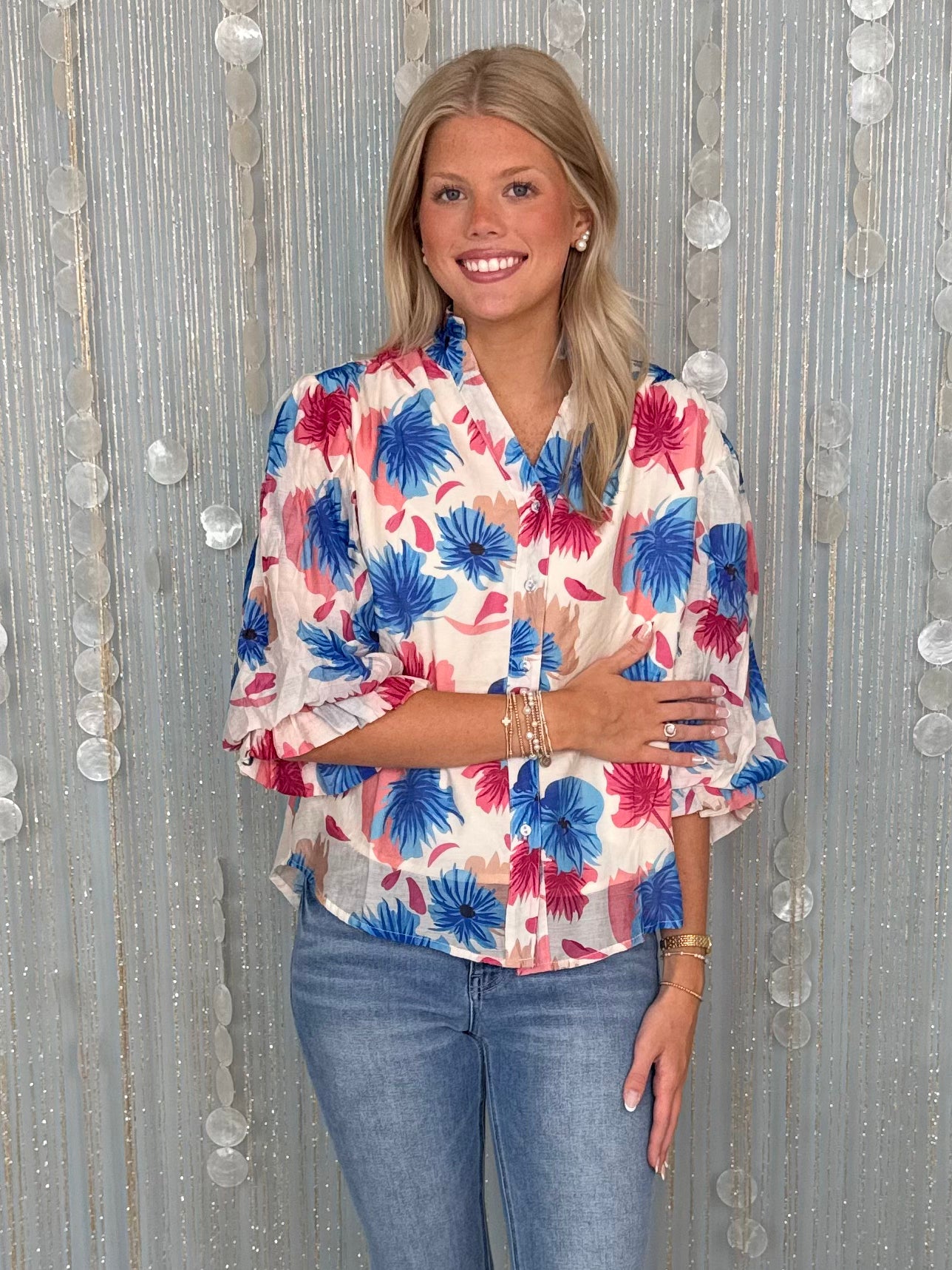 Good Life Blue Mix Floral Printed Button Top-Shop-Womens-Boutique-Clothing