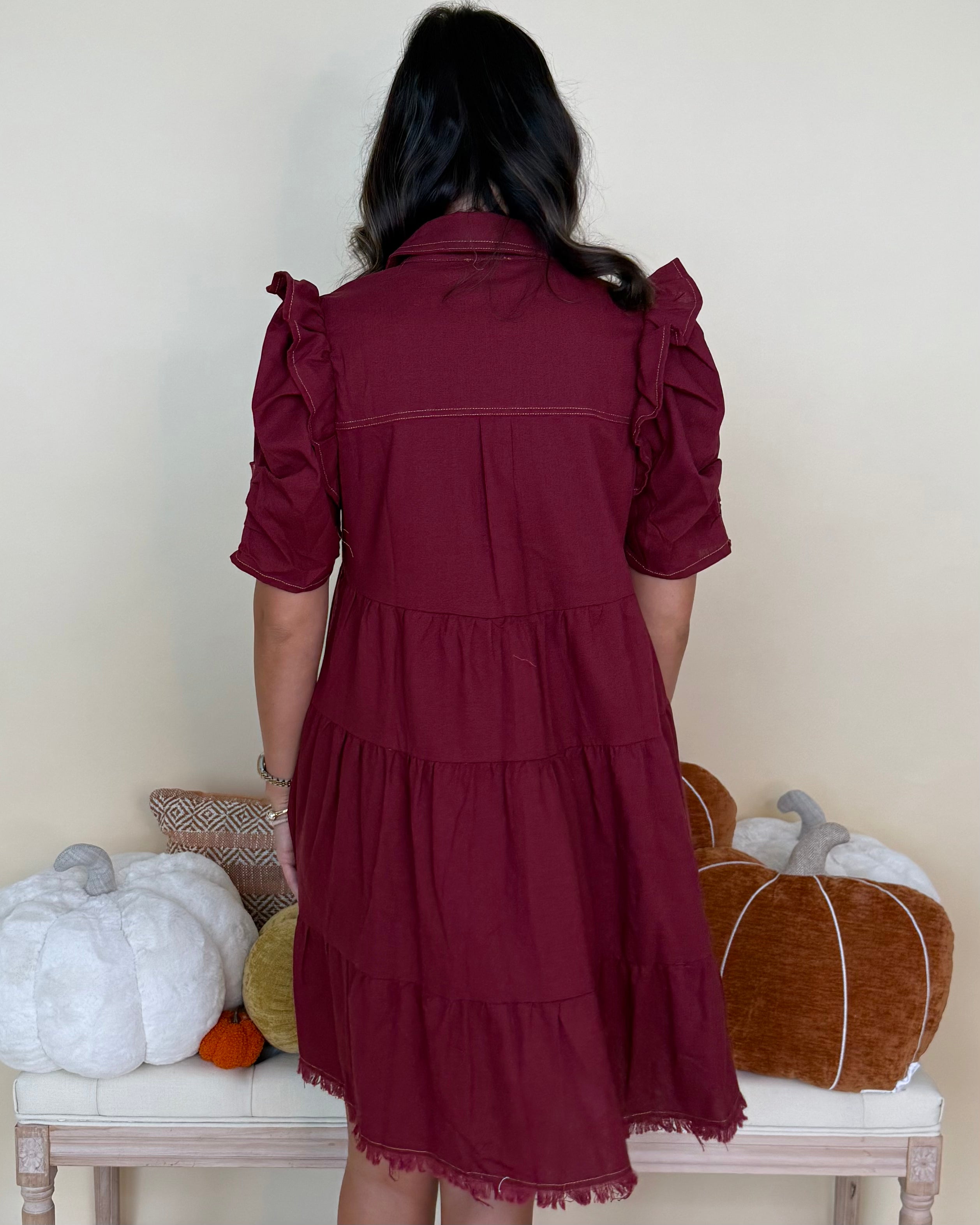 Starlit Skies Burgundy Button Frayed Dress-Shop-Womens-Boutique-Clothing