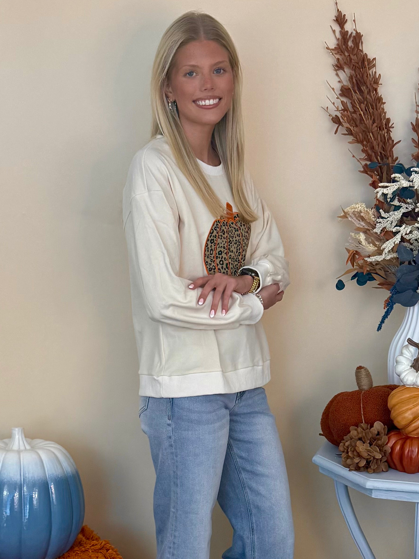 Pumpkin Please, Ivory Leopard Print Pumpkin Sweatshirt-Shop-Womens-Boutique-Clothing