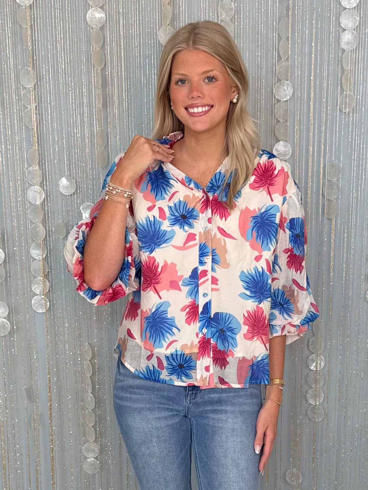 Good Life Blue Mix Floral Printed Button Top-Shop-Womens-Boutique-Clothing
