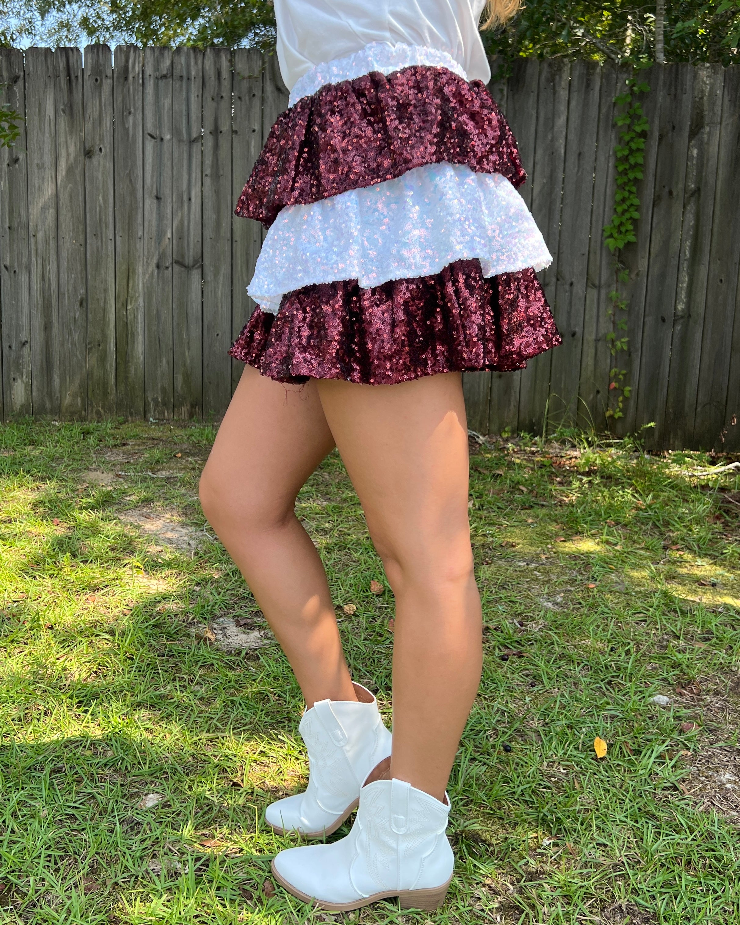 No Doubts Maroon/White Tiered Sequins Mini Skirt-Shop-Womens-Boutique-Clothing