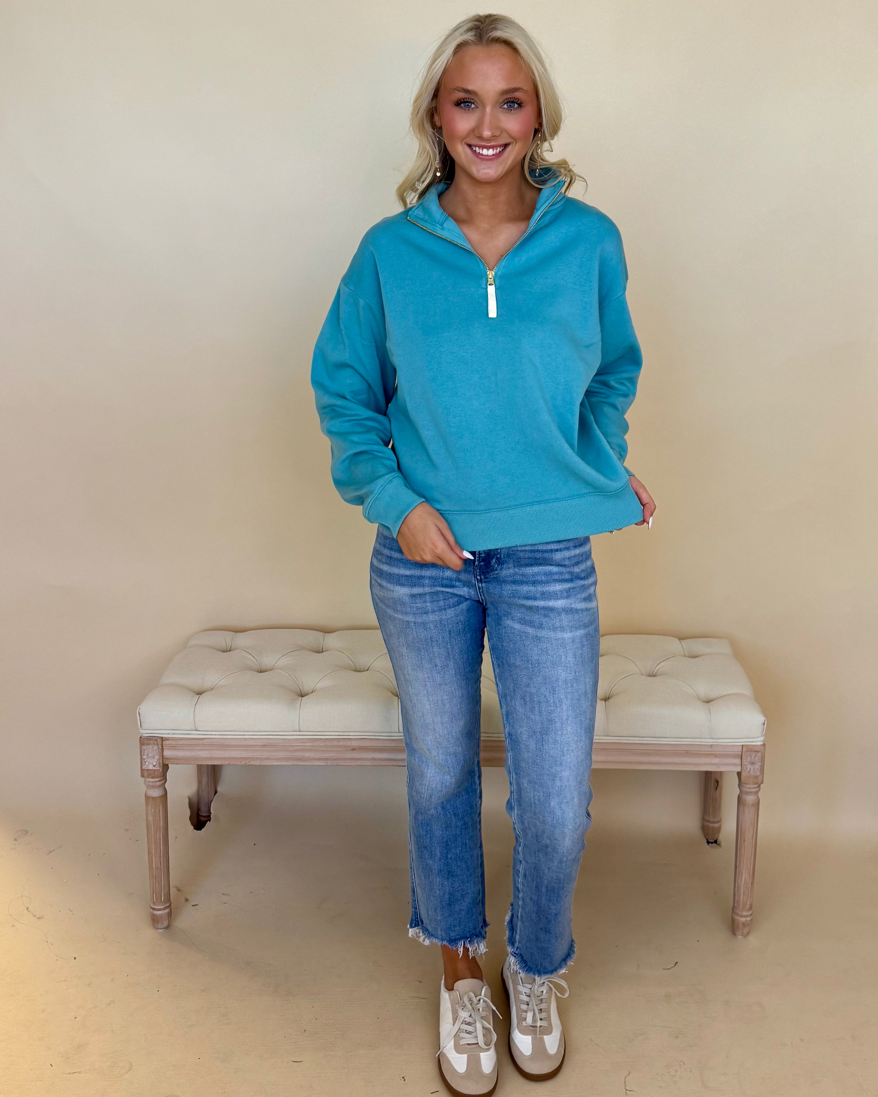 Daily Wear Teal Zip Sweatshirt-Shop-Womens-Boutique-Clothing