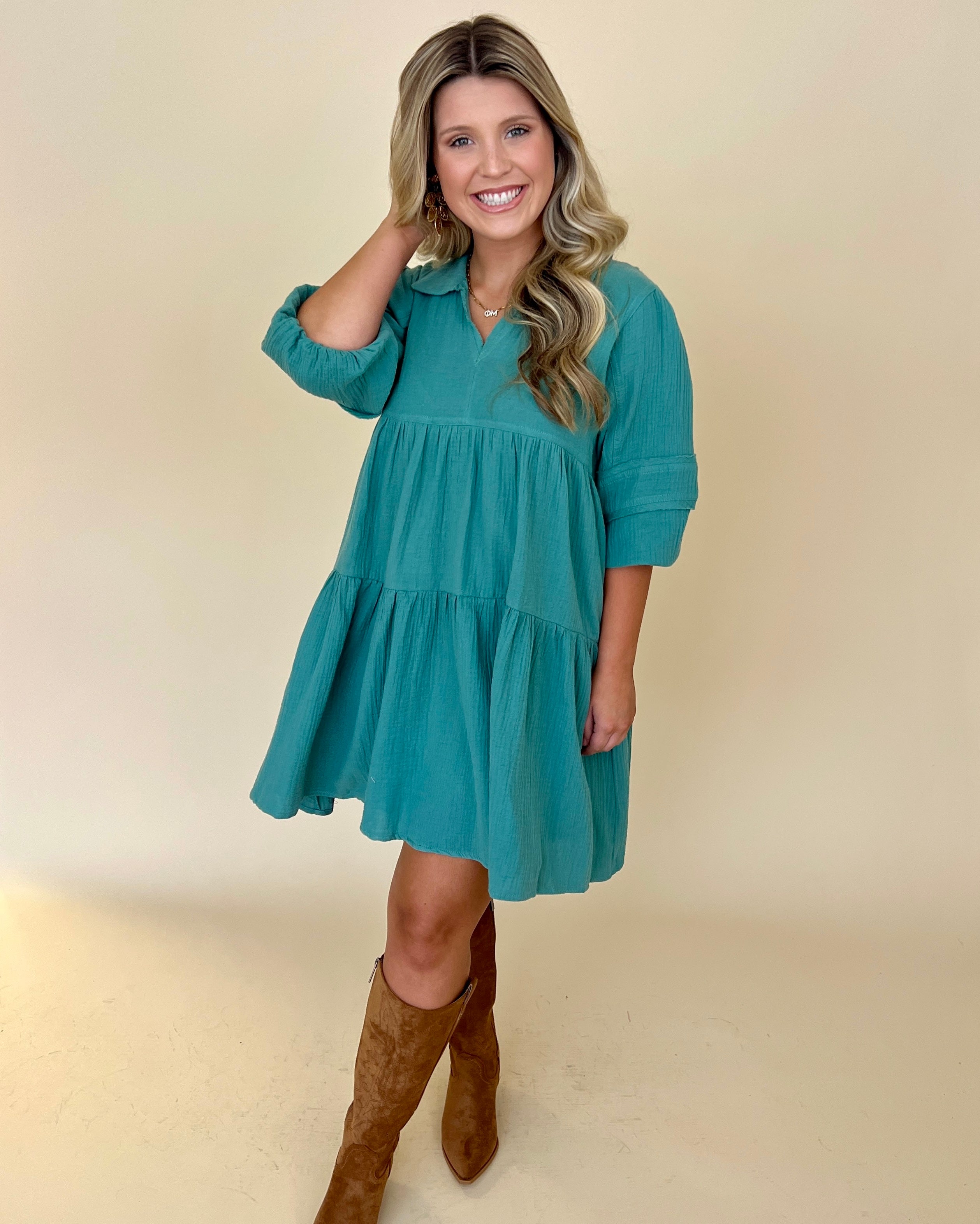 Cherish This Teal Green Split Neck Collared Dress-Shop-Womens-Boutique-Clothing