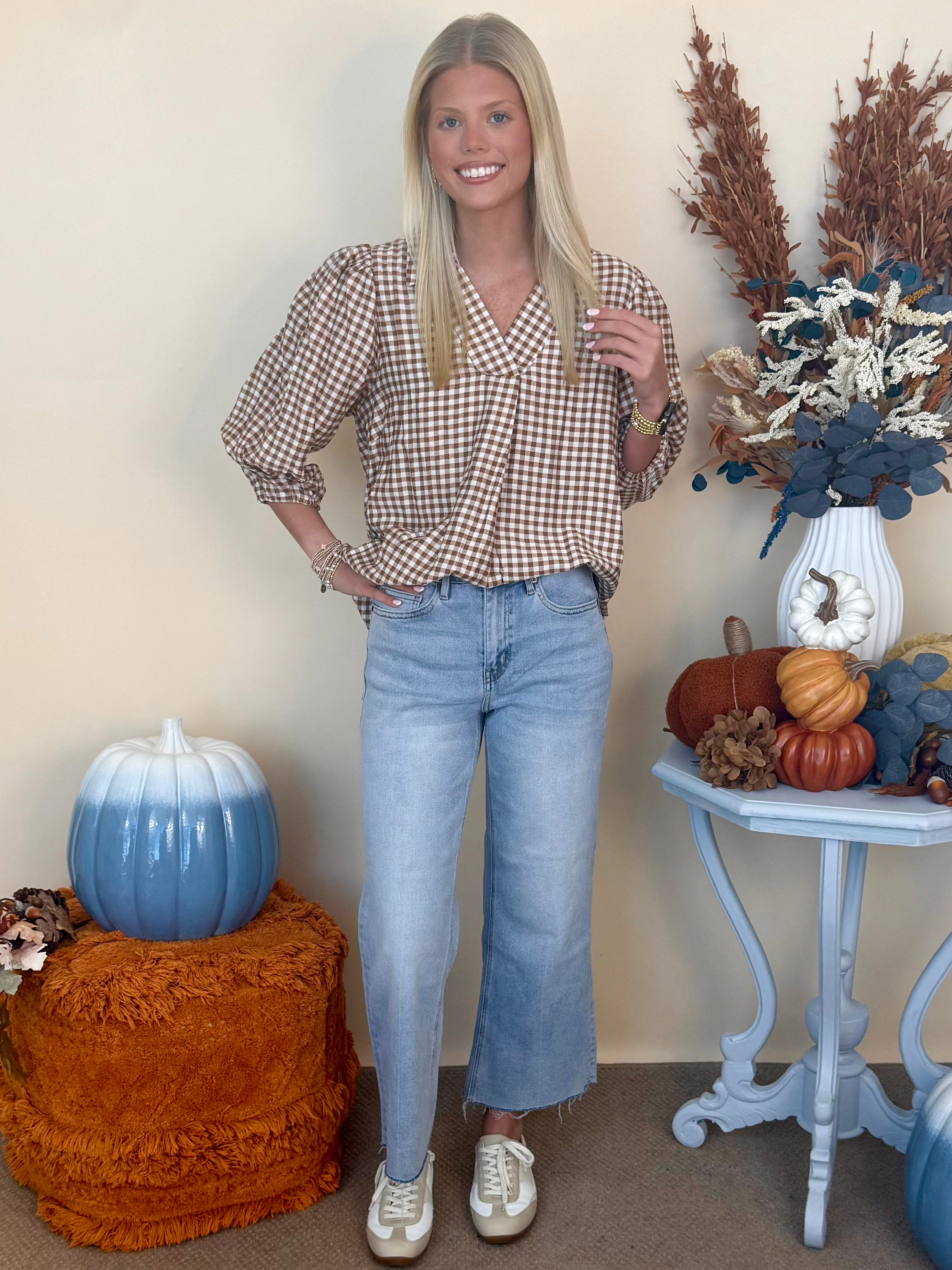 Cinnamon Dreams Taupe Checkered Open Collared Top-Shop-Womens-Boutique-Clothing