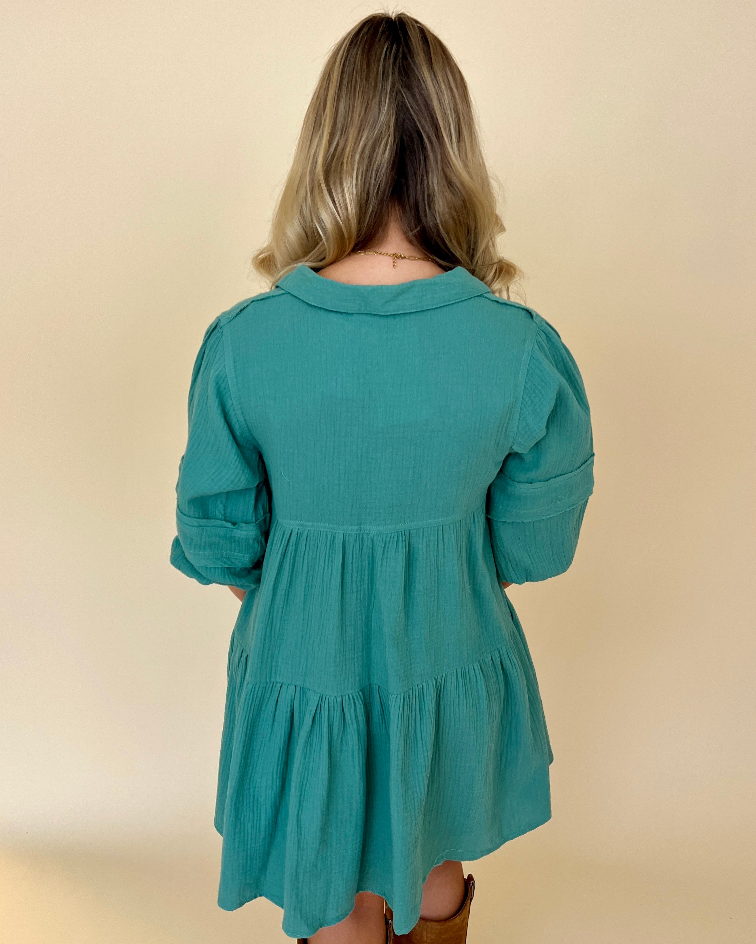 Cherish This Teal Green Split Neck Collared Dress-Shop-Womens-Boutique-Clothing