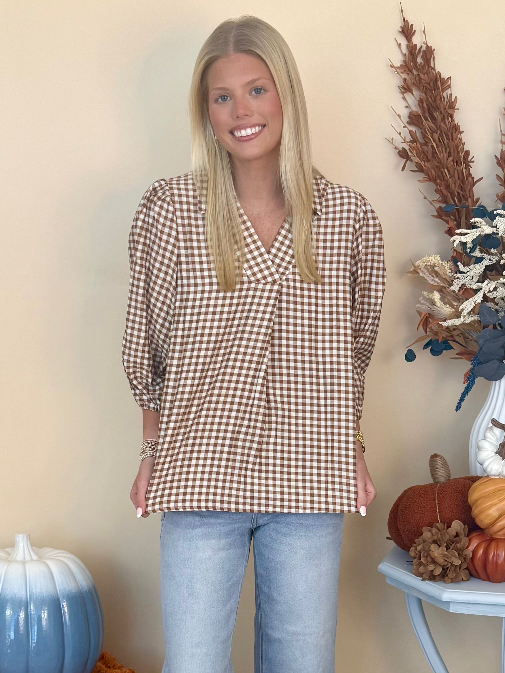 Cinnamon Dreams Taupe Checkered Open Collared Top-Shop-Womens-Boutique-Clothing
