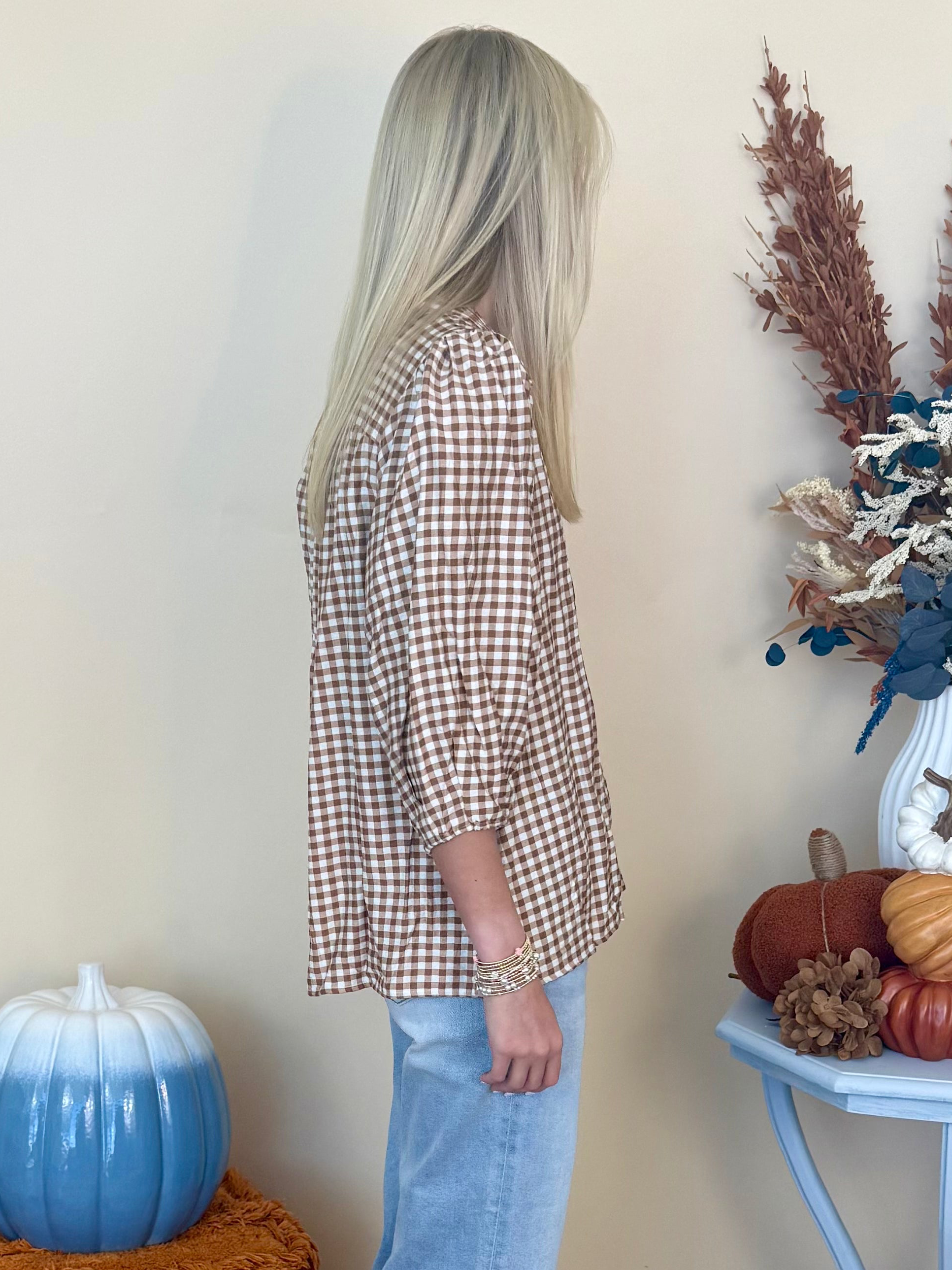 Cinnamon Dreams Taupe Checkered Open Collared Top-Shop-Womens-Boutique-Clothing