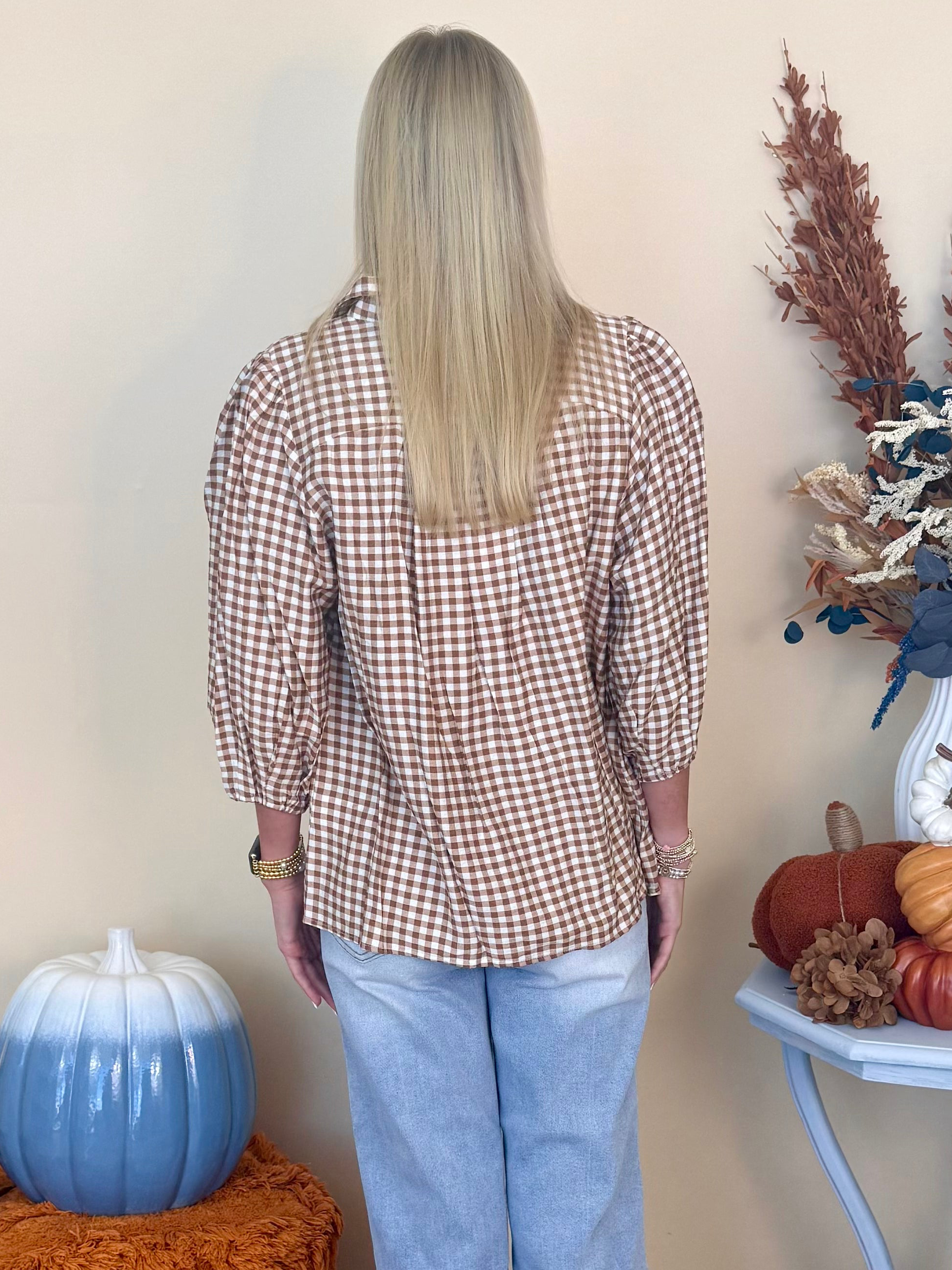 Cinnamon Dreams Taupe Checkered Open Collared Top-Shop-Womens-Boutique-Clothing